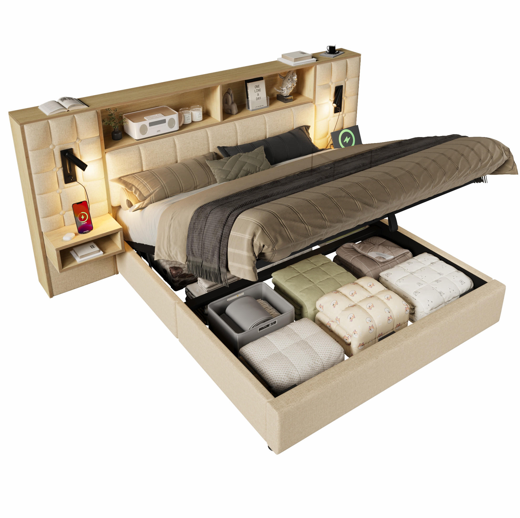 BETT mit Stauraum 160x200 cm Leinen Beige mit Nachttischen - Beige, Metall (160/200cm) - Meubliv