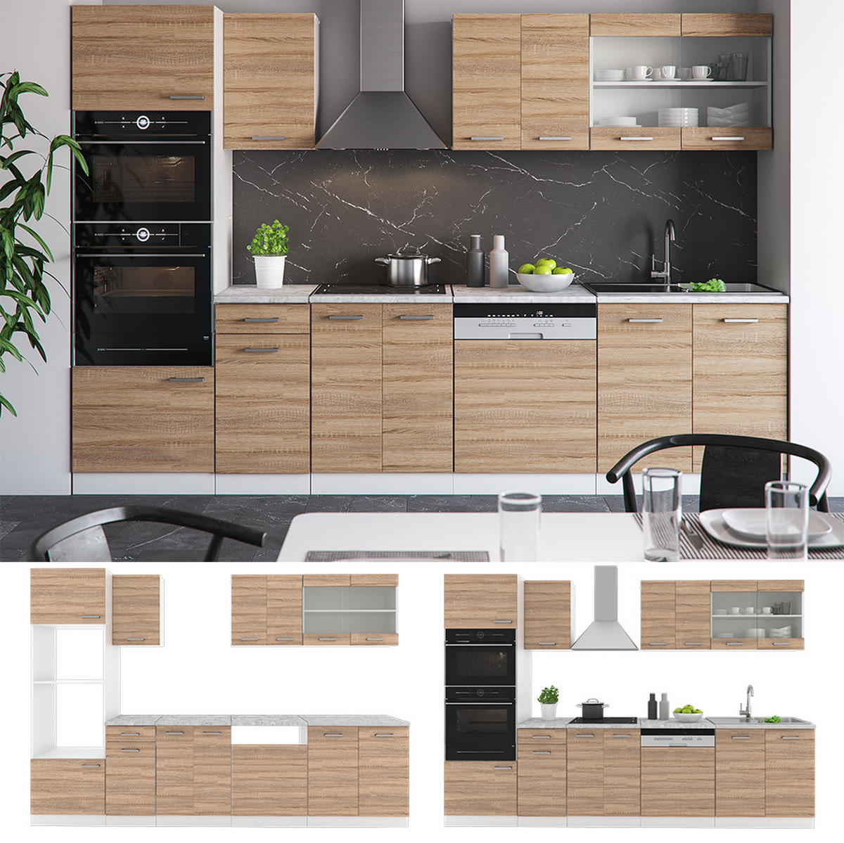 KÜCHENZEILE R-Line Sonoma 300 cm mit Hochschrank, ohne AP - Weiß/Sonoma Eiche, Holzwerkstoff (300/81.6/46cm) - Vicco
