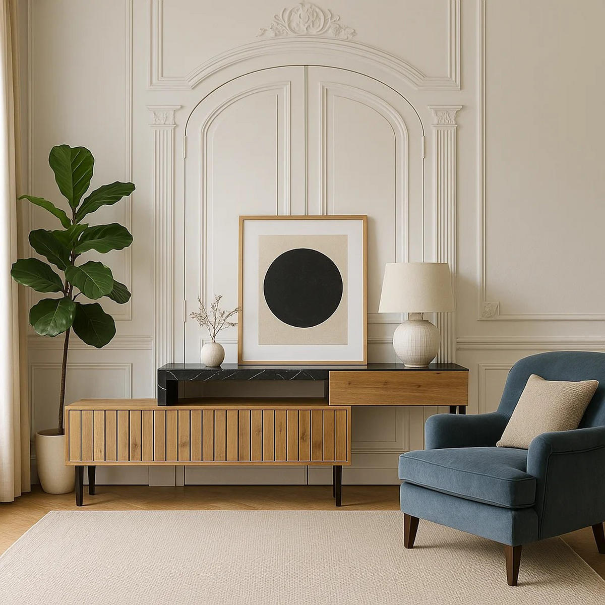 SIDEBOARD mit schwarzem Marmor-Effekt, 3 Schubladen - Braun, Holzwerkstoff (200/58/26.5cm) - Urban Meuble