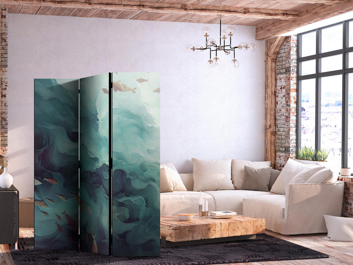 PARAVENT Einseitig Bedruckter 3-tlg 135x172 cm Fische Und Meereswellen Boho - Blau, Holz/Textil (135/172/3cm) - Muralo