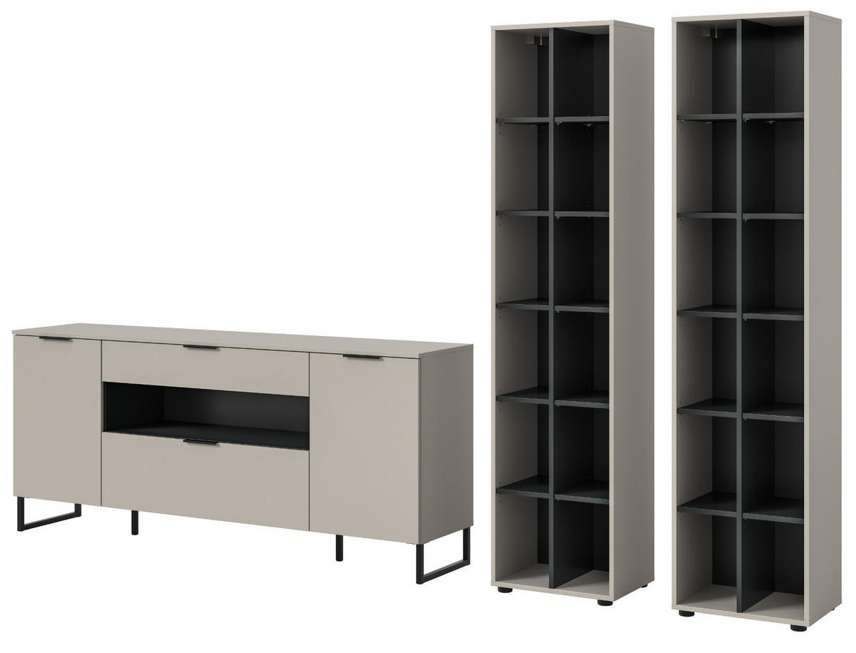 WOHNWAND kaschmir, schwarz 3-teilig 305 cm, Komplettset mit Soft-Close-Funktion - Kaschmir/Schwarz, Holzwerkstoff/Kunststoff (305/192/41cm) - Inn.Furn