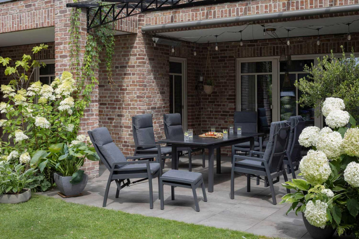 GARTENMÖBELSET Relaxsessel Merida + Hocker mit Tisch Tarifa 160/210 x 90 cm - Grau, Metall - Mr. Deko