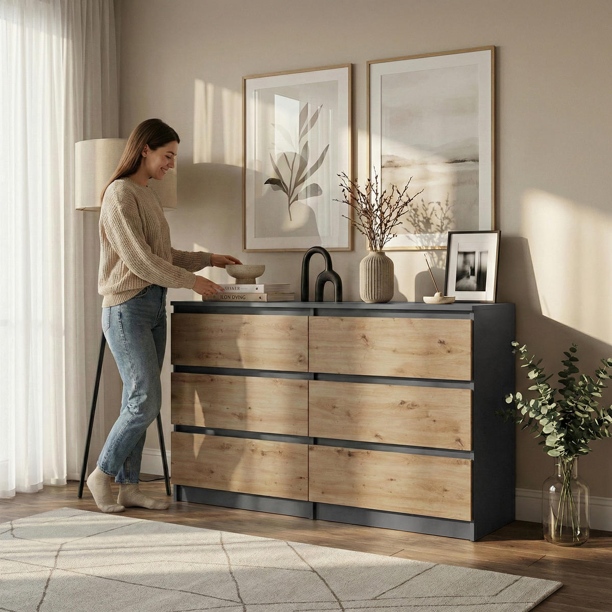 KOMMODE Lemon mit 6 Schubladen, 120 cm, Anthrazit+eiche Artisan - Anthrazit/Eiche Artisan, Holzwerkstoff (120/78/39cm) - Beautysofa