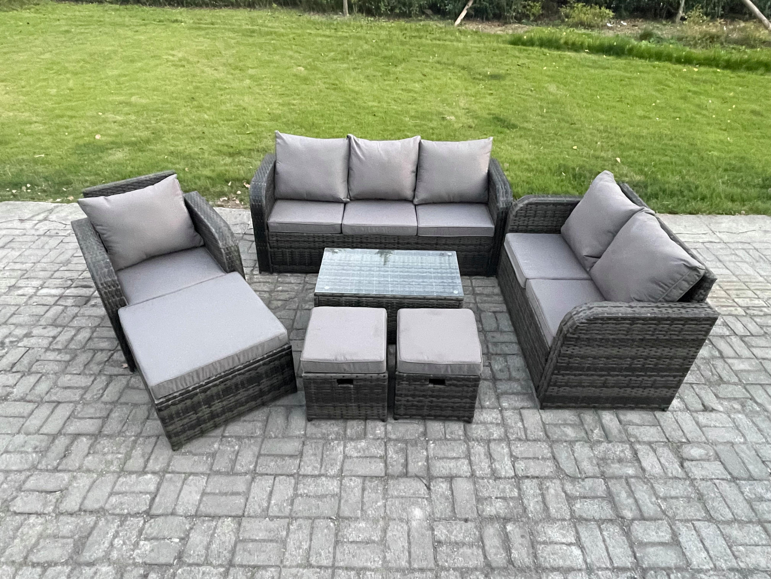 GARTENSET Polyrattan Dunkelgrau 6-Sitzer - Dunkelgrau/Grau, Glas/Kunststoff - Fimous