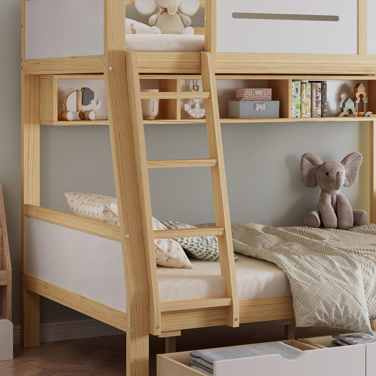 ETAGENBETT 90/200 cm & 120/200 cm in Weiß & Natur Kinderbett mit 3 Schubladen, Bilderbuchständer und Trittleiter - Weiß/Naturfarben, Holzwerkstoff (90/200cm) - STILVORA