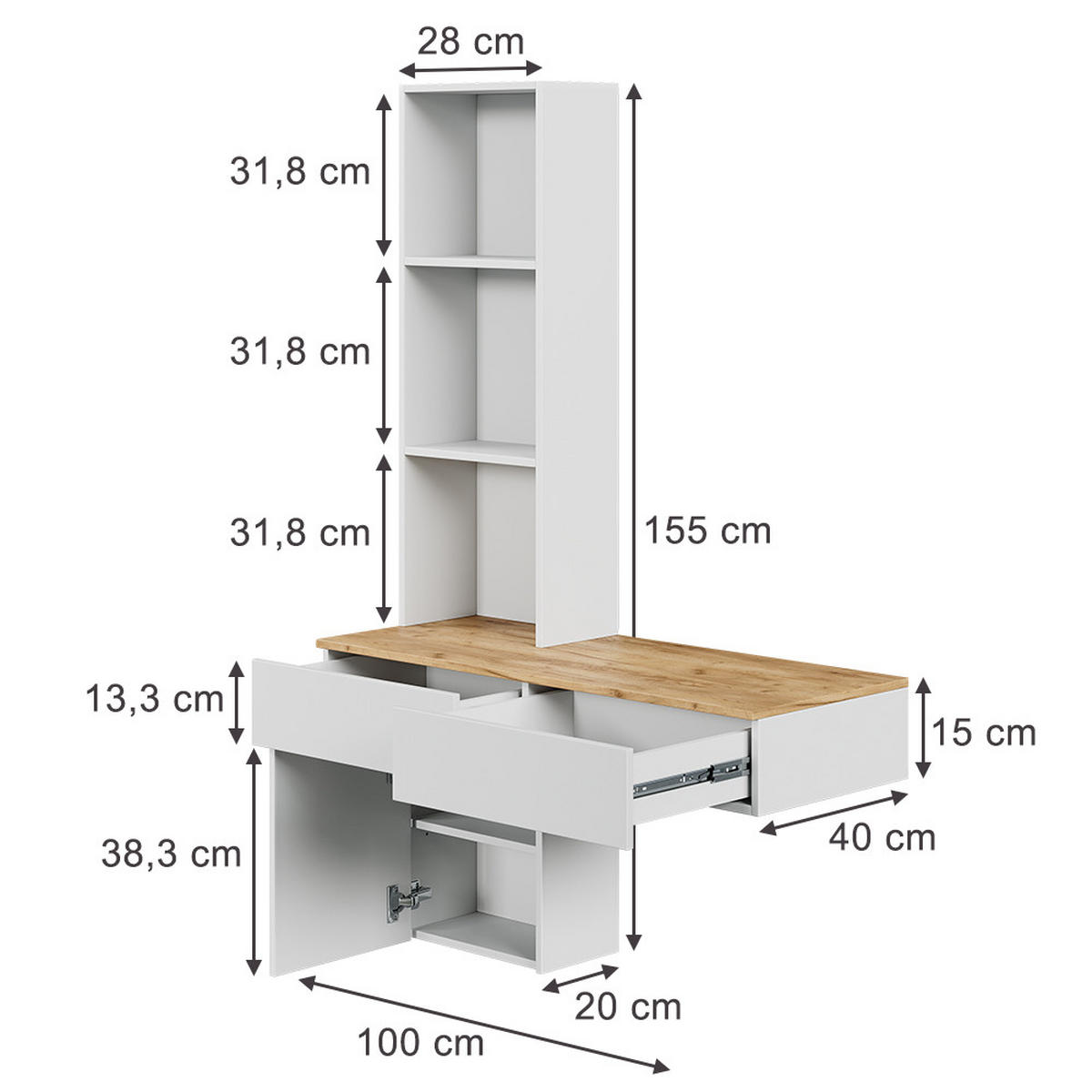 TOALETNÍ STOLEK Melora Bílá/dub - bílá, kompozitní dřevo (100/155/40cm) - Vicco