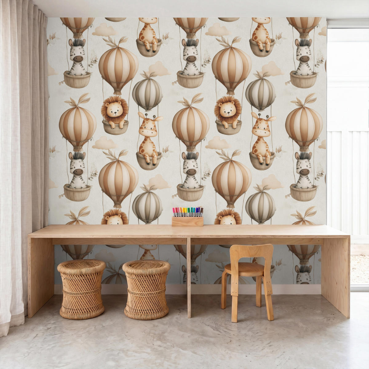 KINDERTAPETE - Safari - Heißluftballons - Taupe - 220x240 cm - Beige, Papier (220/240cm) - OnlyWow