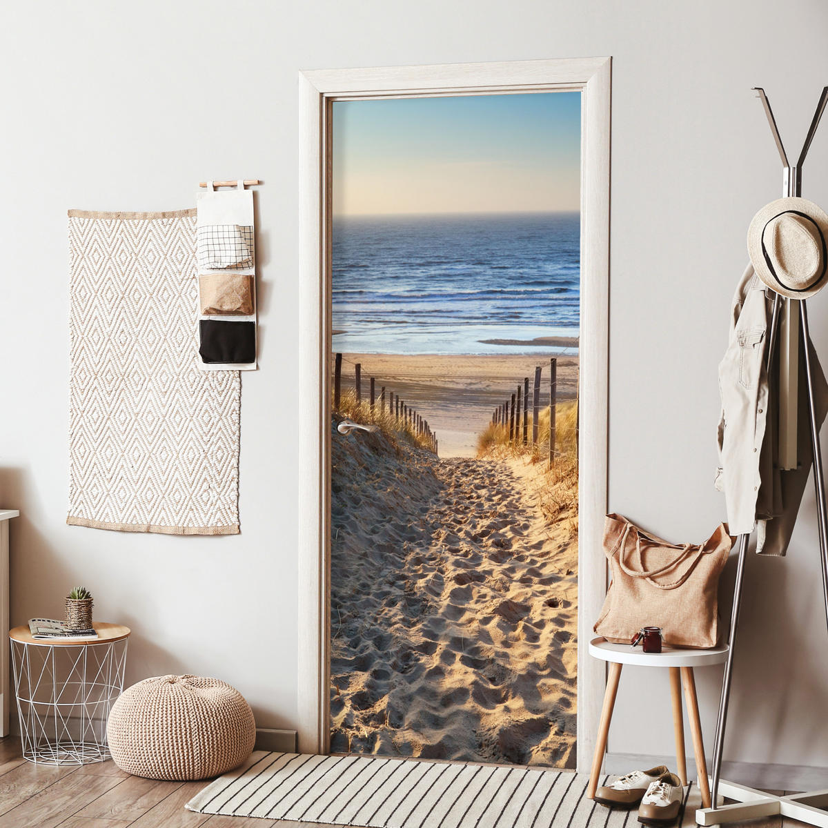 TÜRAUFKLEBER Strand - Meer - Niederlande - Dünen - Sonne 80x215 cm - Türtapete - Blau, Kunststoff (80/0.1cm) - MuchoWow