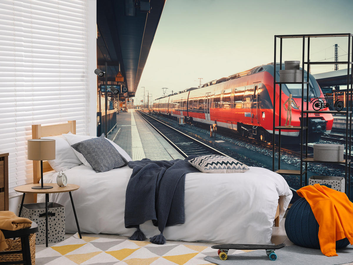 FOTOTAPETA Pre Obývaciu Izbu Moderný Červený Vlak Stanica Koľajnice 150 x 105 cm - hnedá/sivá, papier (150/105cm) - Muralo