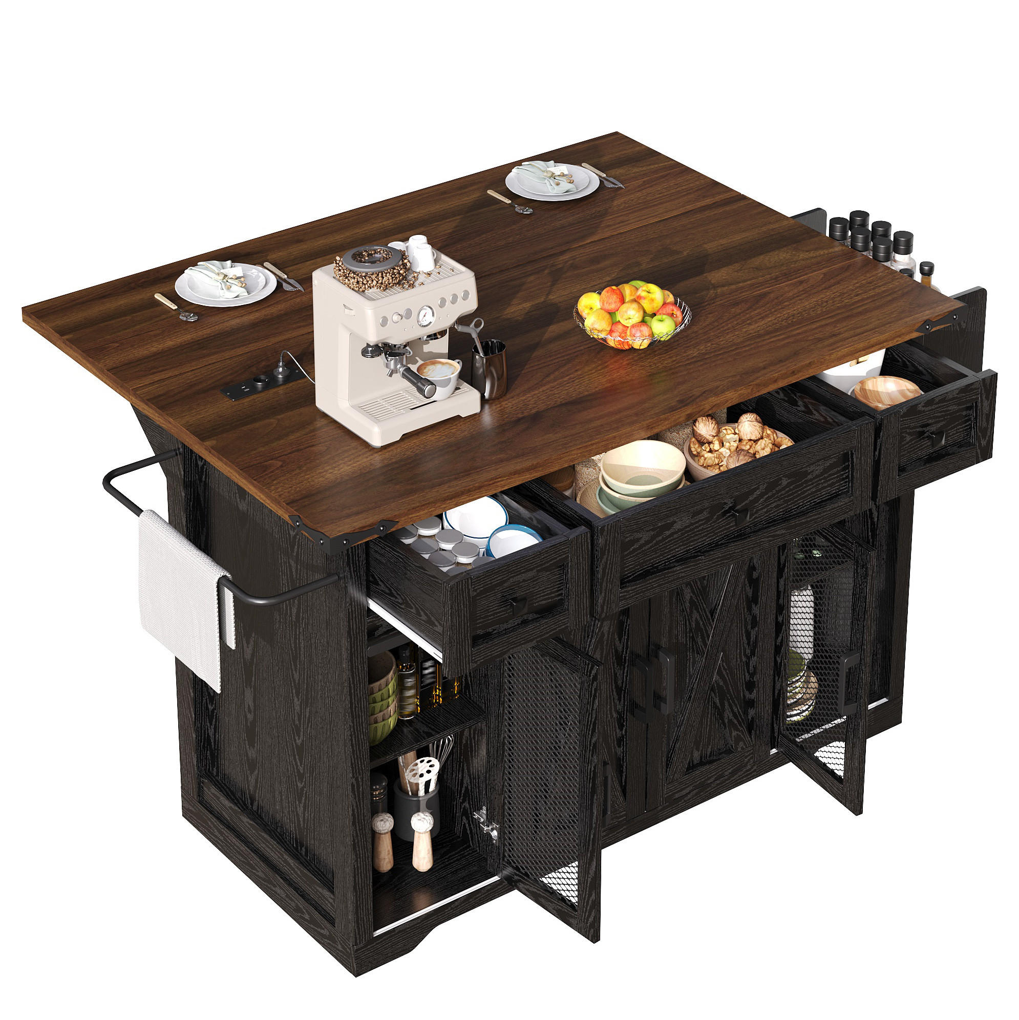 KÜCHENINSELWAGEN mit Arbeitsplatte 120,2 x 45,3/75 x 91,5 cm Schwarz - Schwarz, Holz (45.3/91.5/120.2cm) - Beauniv