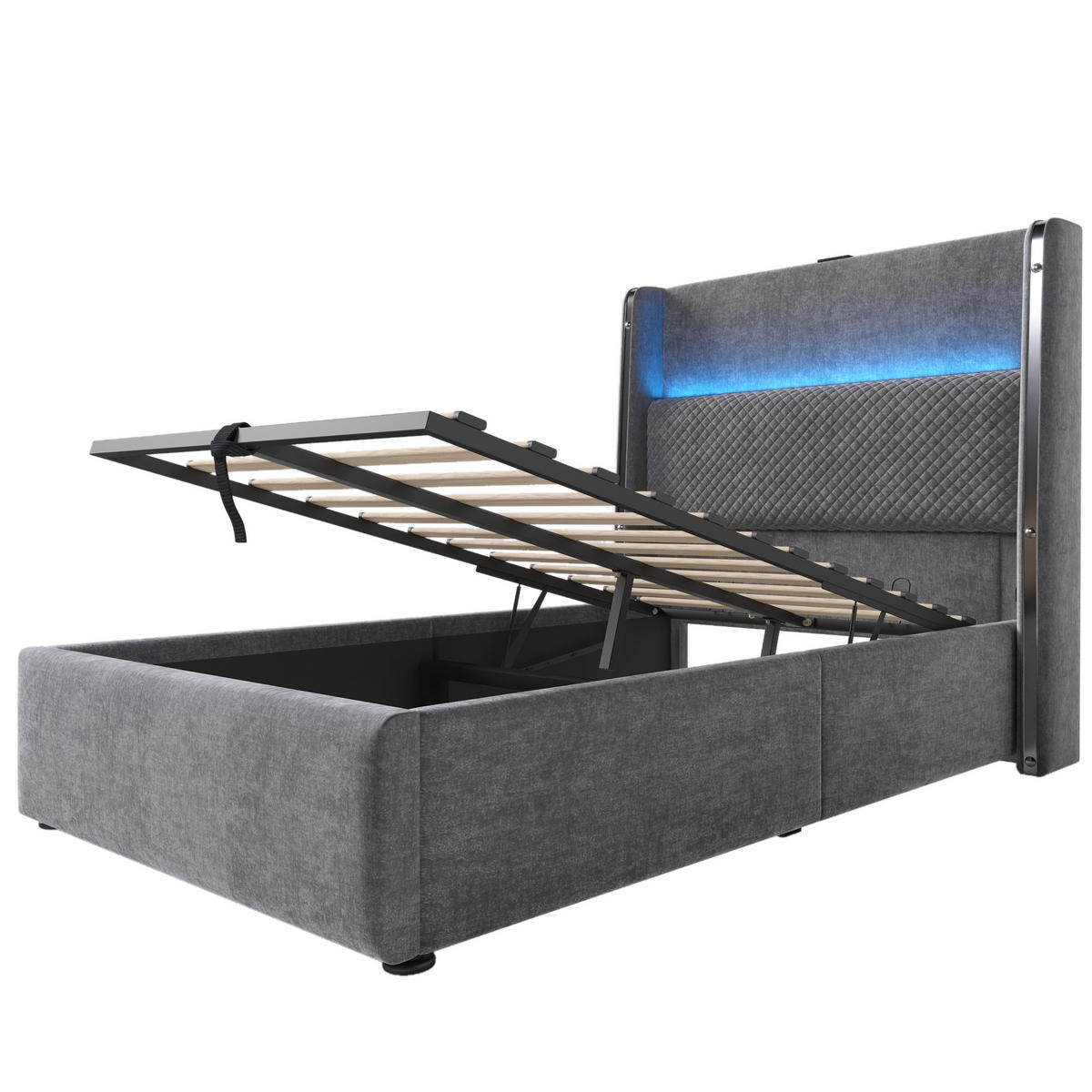 BETT 90/200 cm Grau mit hohem Kopfteil LED-Beleuchtung und Stauraum - Grau, Textil (90/200cm) - OKWISH