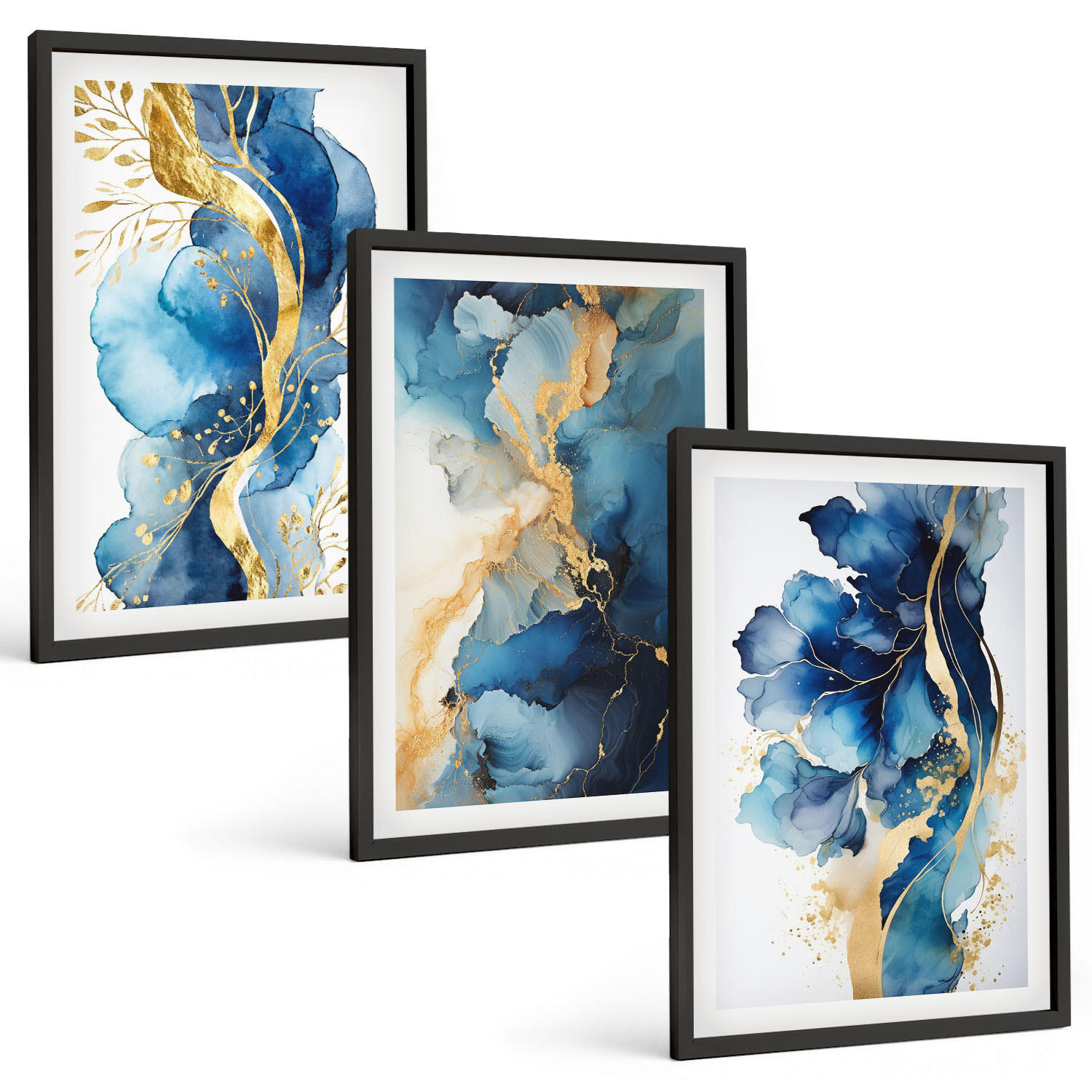 BILDER SET 3er Set - 40x60 cm Schwarzer Rahmen - Blaue abstrakte Muster - Schwarz, Kunststoff (40/60cm) - TULUP