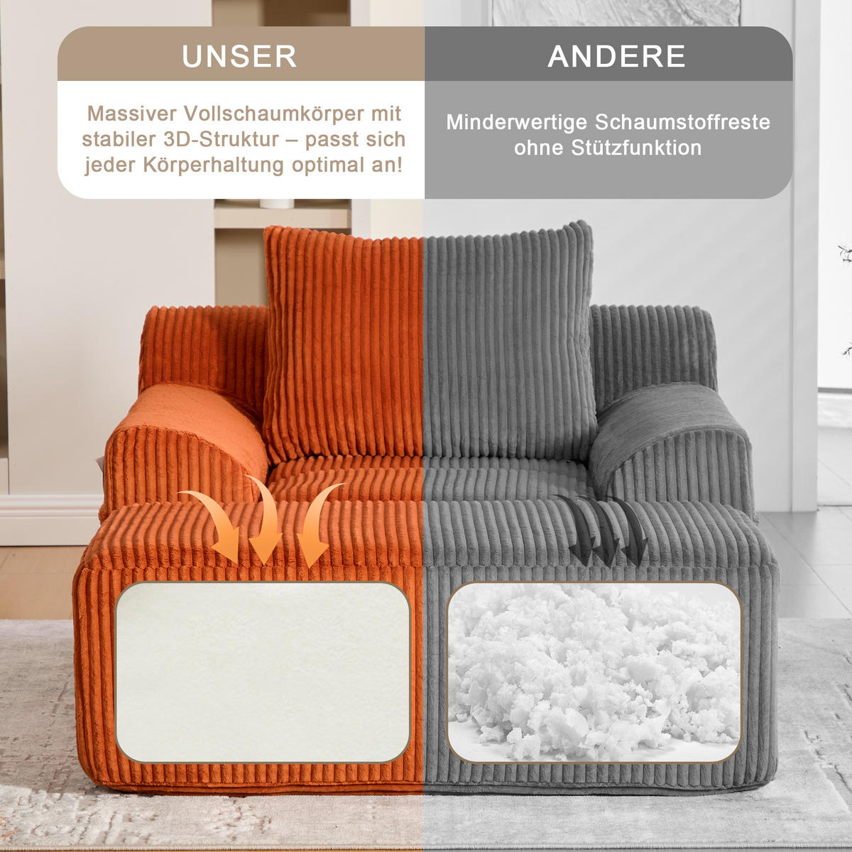 SESSEL mit Hocker in Cord Übergroßer Relaxsessel - Orange, Textil (147/67/110cm) - Urban Meuble