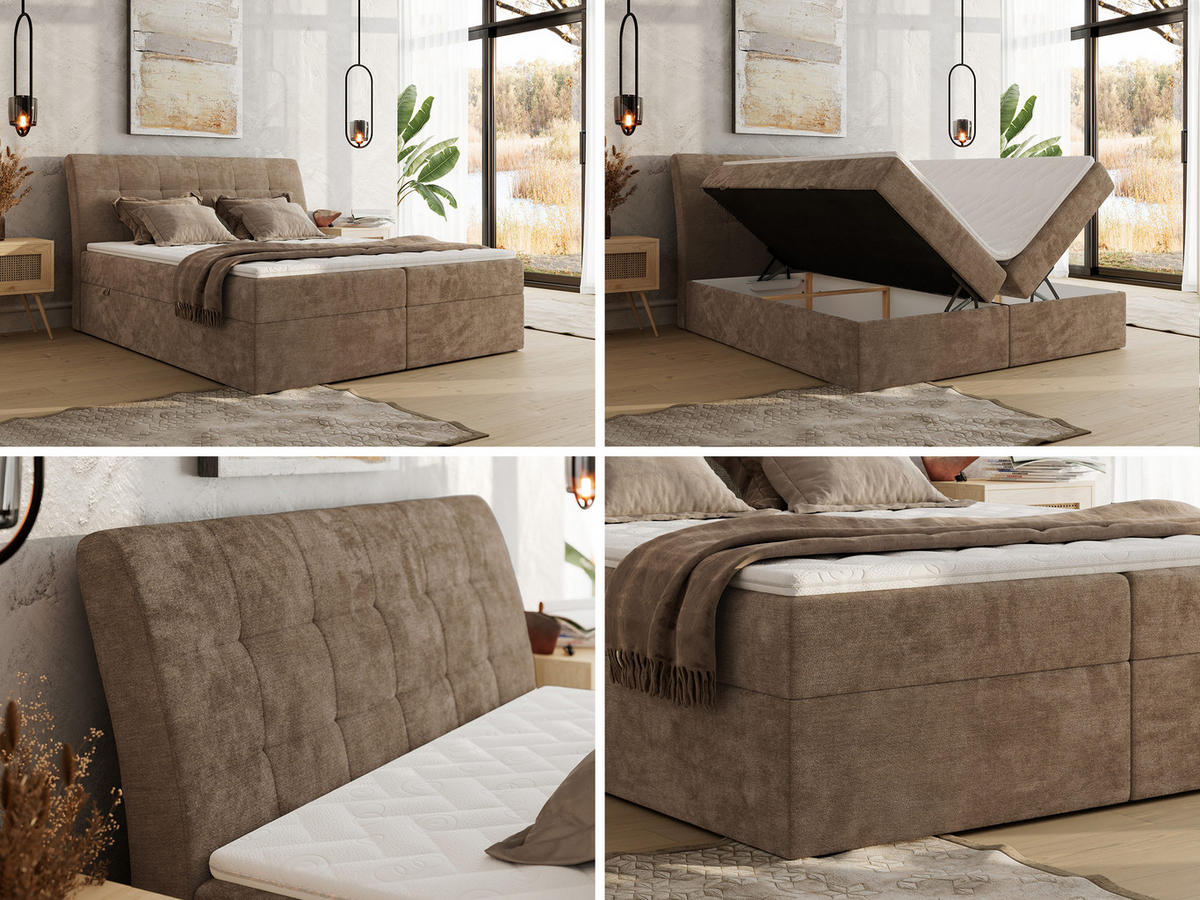 BOXBETT DAGOS 120/200 - Braun Schenille glatt - H3 - Topper T25 - Braun, Textil (120/200cm) - MKS