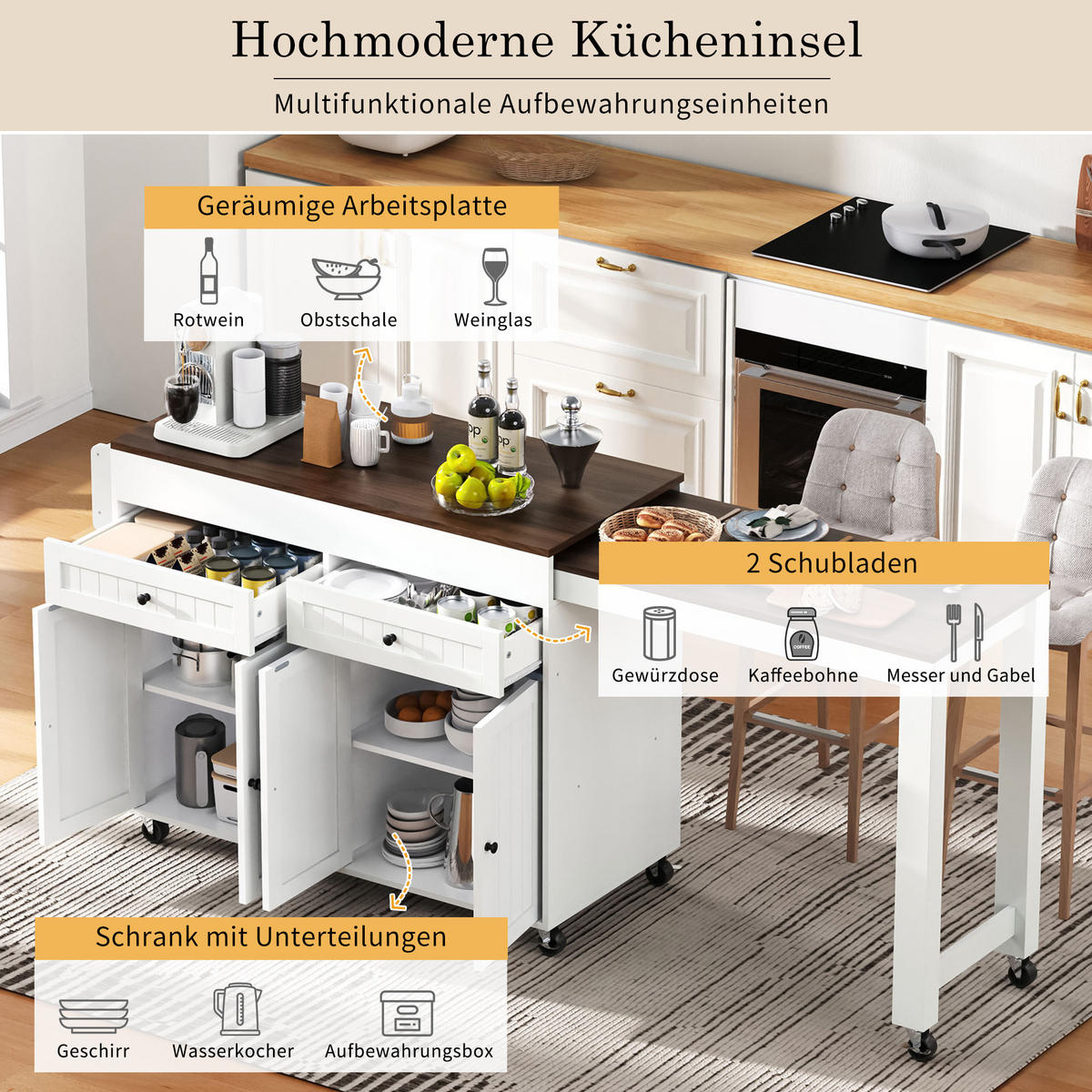 KÜCHENINSEL Weiß 180.5/45/92.2 cm - Weiß, Holzwerkstoff (180.5/92.2/45cm) - PANGIVO