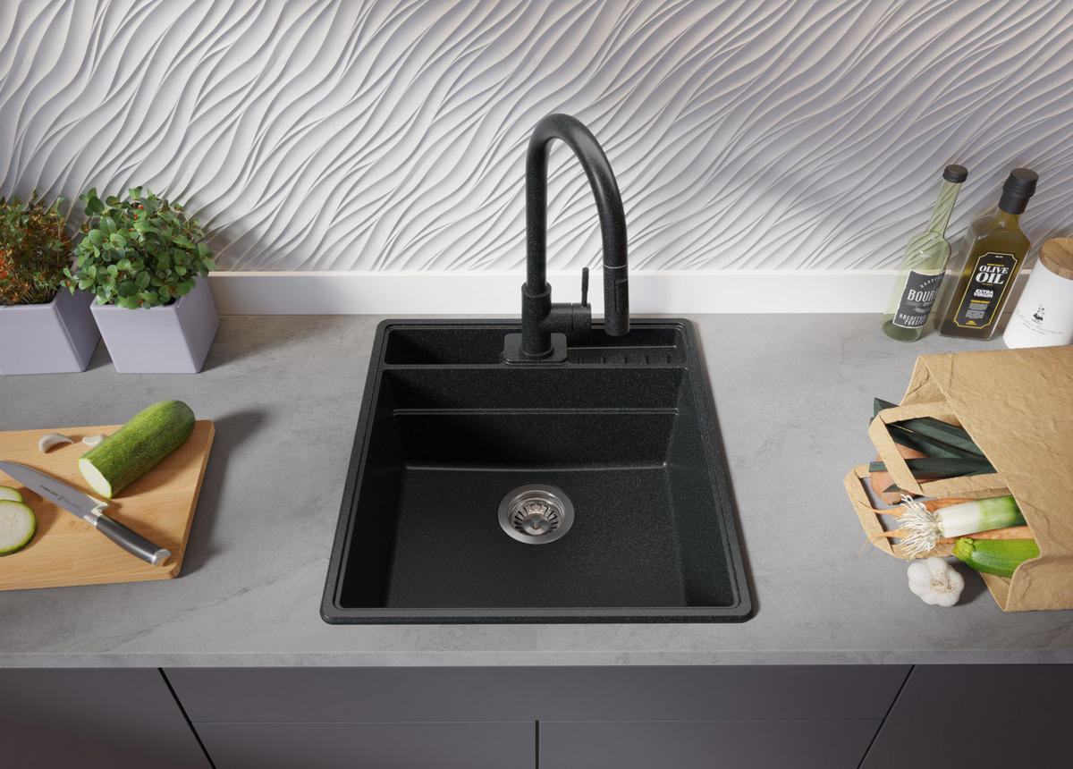 SPÜLBECKEN New York, 2-er set Anthrazit 48/53 cm 1 Becken + Ablauf-Set + Küchenzubehörset ab 50er Unterschrank - Chromfarben/Anthrazit, Kunststoff (48/20/53cm) - Primagran