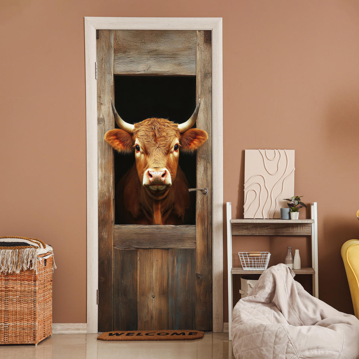 FOTOTAPETE Tür - Kuh - Fenster - Holz - Tiere 95x235 cm - Wengefarben, Kunststoff (95/0.1cm) - MuchoWow