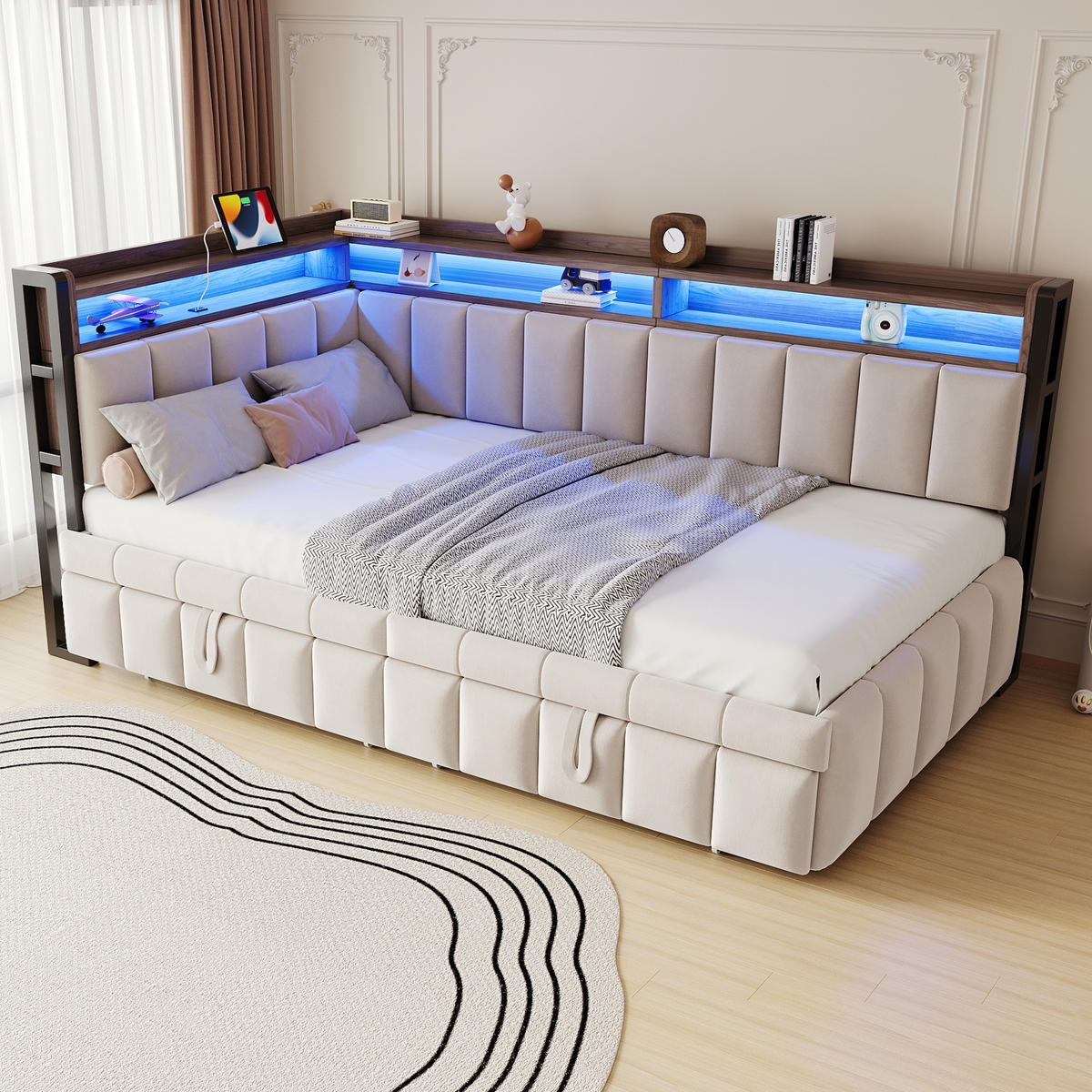 BETT mit Ausziehbett 90/200cm und LED-Beleuchtung in Beige Samt - Beige, Textil (90/200cm) - OKWISH