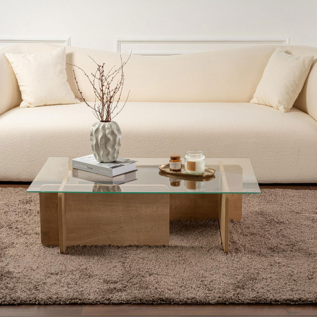 COUCHTISCH aus Sicherheitsglas und Holz - Cubix - Klares Holz - Eschefarben, Glas (105/65/30cm) - Drawer