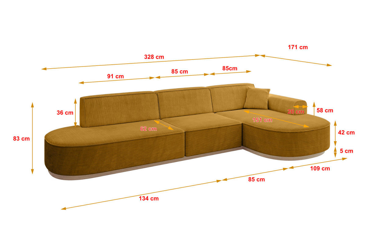 ECKSOFA Ottomane Rechts MARI-L2-v1 - 328x171x83 cm Senfgelb Cord - Gelb, Holzwerkstoff/Textil (171/328cm) - ALTDECOR