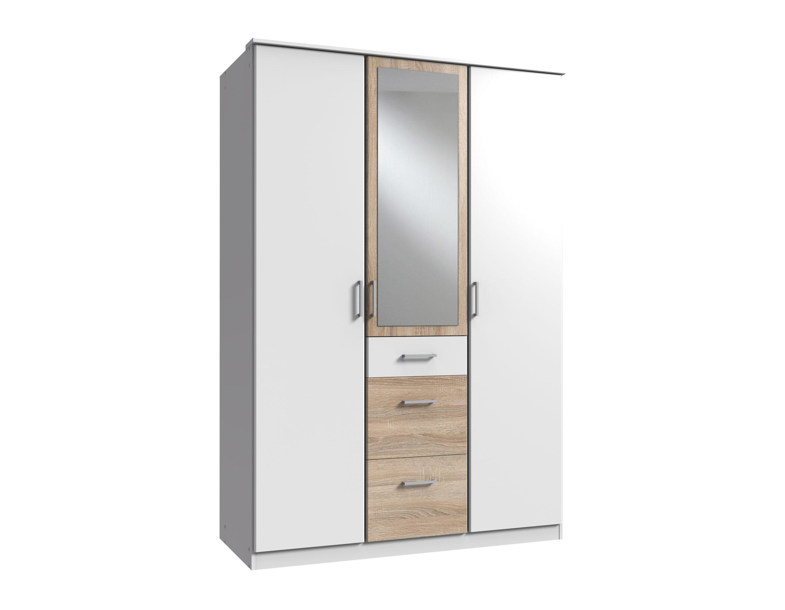 KLEIDERSCHRANK Click in Weiß mit Eiche Sägerau - Drehtürenschrank 135 cm Breite mit Spiegel - Weiß, Holzwerkstoff (135/199/58cm)