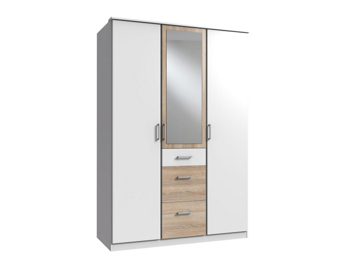 KLEIDERSCHRANK Click in Weiß mit Eiche Sägerau - Drehtürenschrank 135 cm Breite mit Spiegel - Weiß, Holzwerkstoff (135/199/58cm)