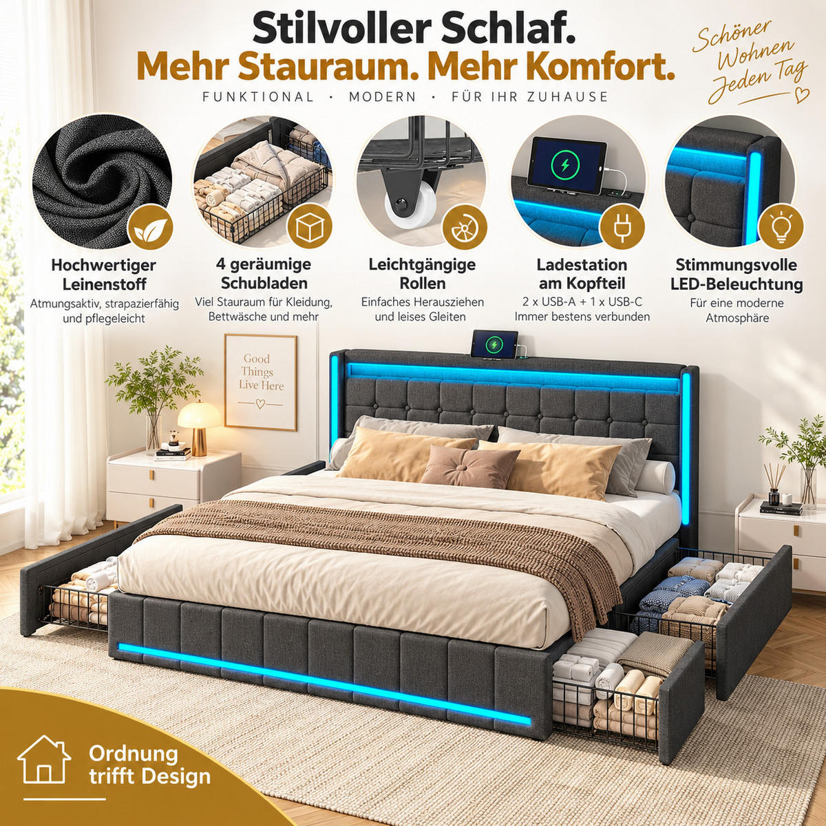POLSTERBETT 140/200 mit RGB LED, 4 Stauraumschubladen, USB & Type C, App- und Fernbedienung, Bettgestell mit Lattenrost - Dunkelgrau, Holz/Metall (140/200cm) - Joyfair