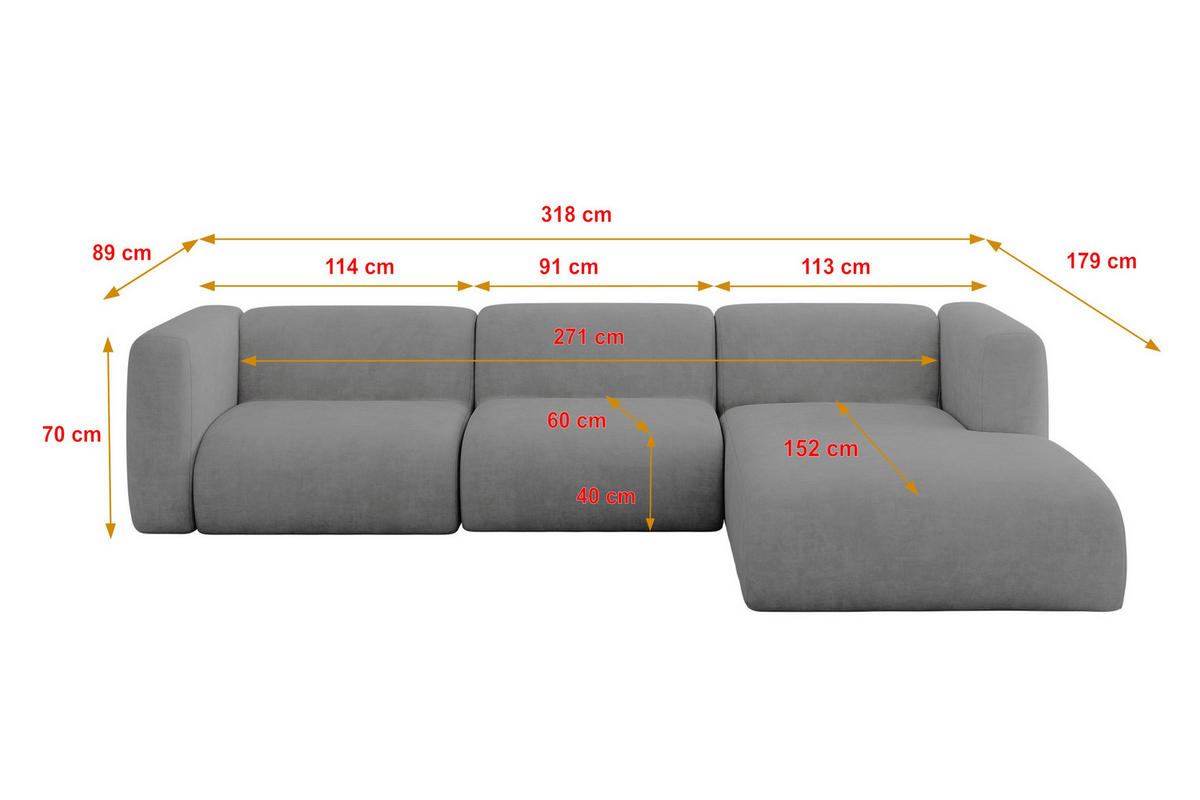 ECKSOFA Ottomane Rechts MIRA-L2 318x179x89 Grau Velours - Schieferfarben/Schwarz, Holzwerkstoff/Kunststoff (318/179cm) - ALTDECOR