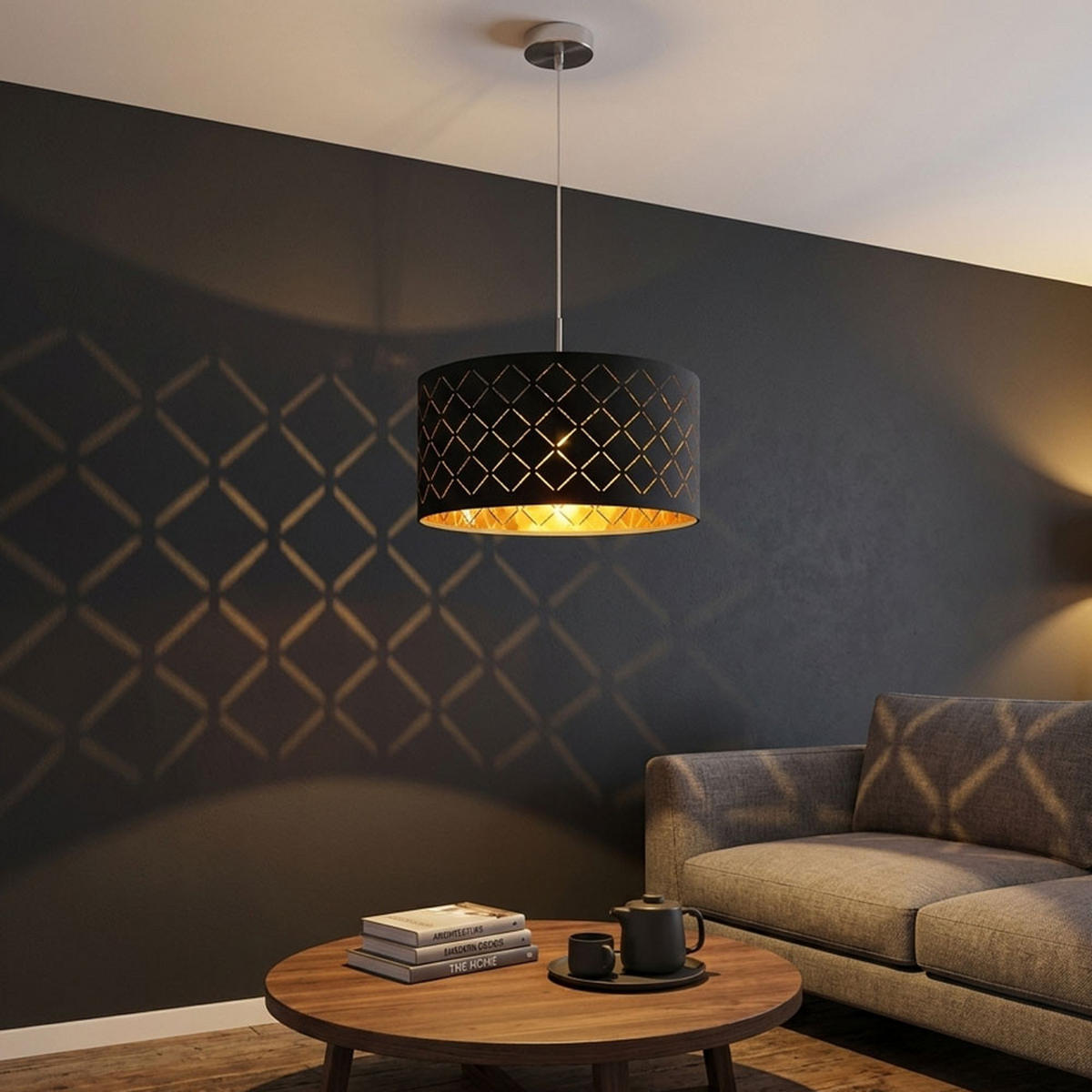 LED HÄNGELEUCHTE Metall Textilschirm Schwarz Gold - Schwarz, Metall (40/40/140cm) - Globo Lighting