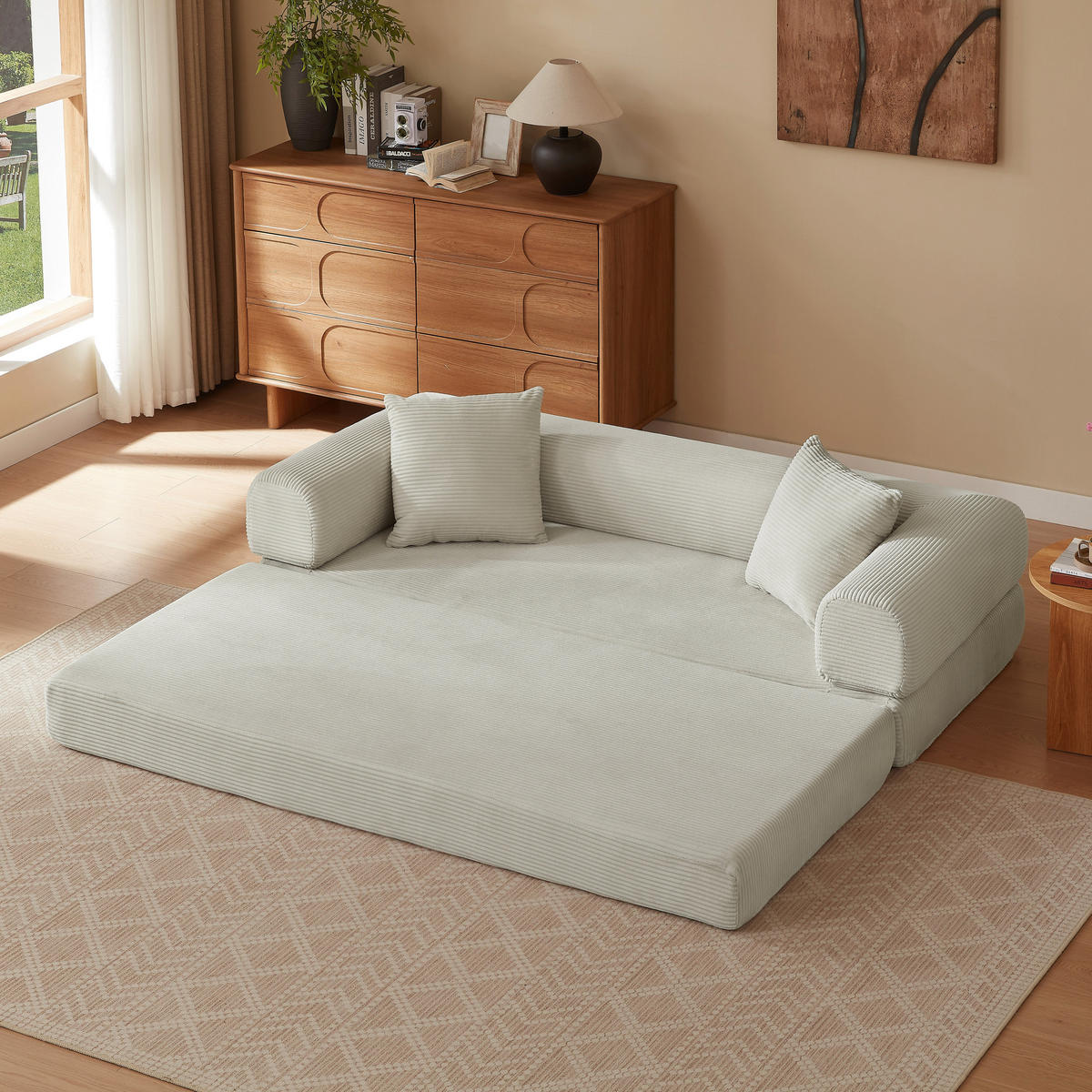 SCHLAFSOFA aus Cord in Beige 2-lagiges Design & zum Doppelbett ausklappbar - Beige, Textil (89/59/195cm) - Urban Meuble