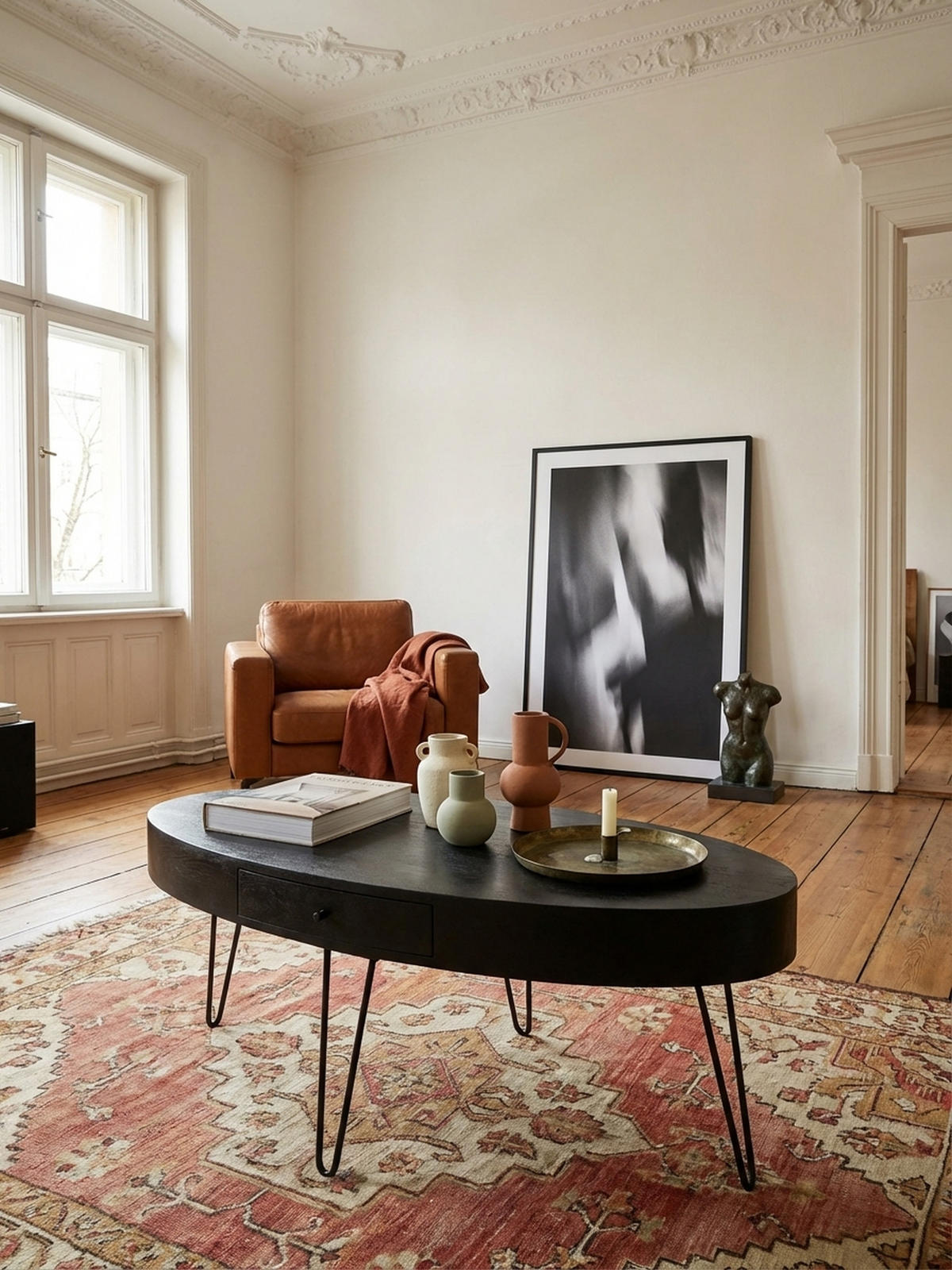 COUCHTISCH in Mango-Massivholz und Metall, 100x50x40 cm, Oval, mit Schublade, Stauraum und Haarnadelbeinen - Schwarz, Holz/Metall (50/100/40cm) - KADIMA DESIGN