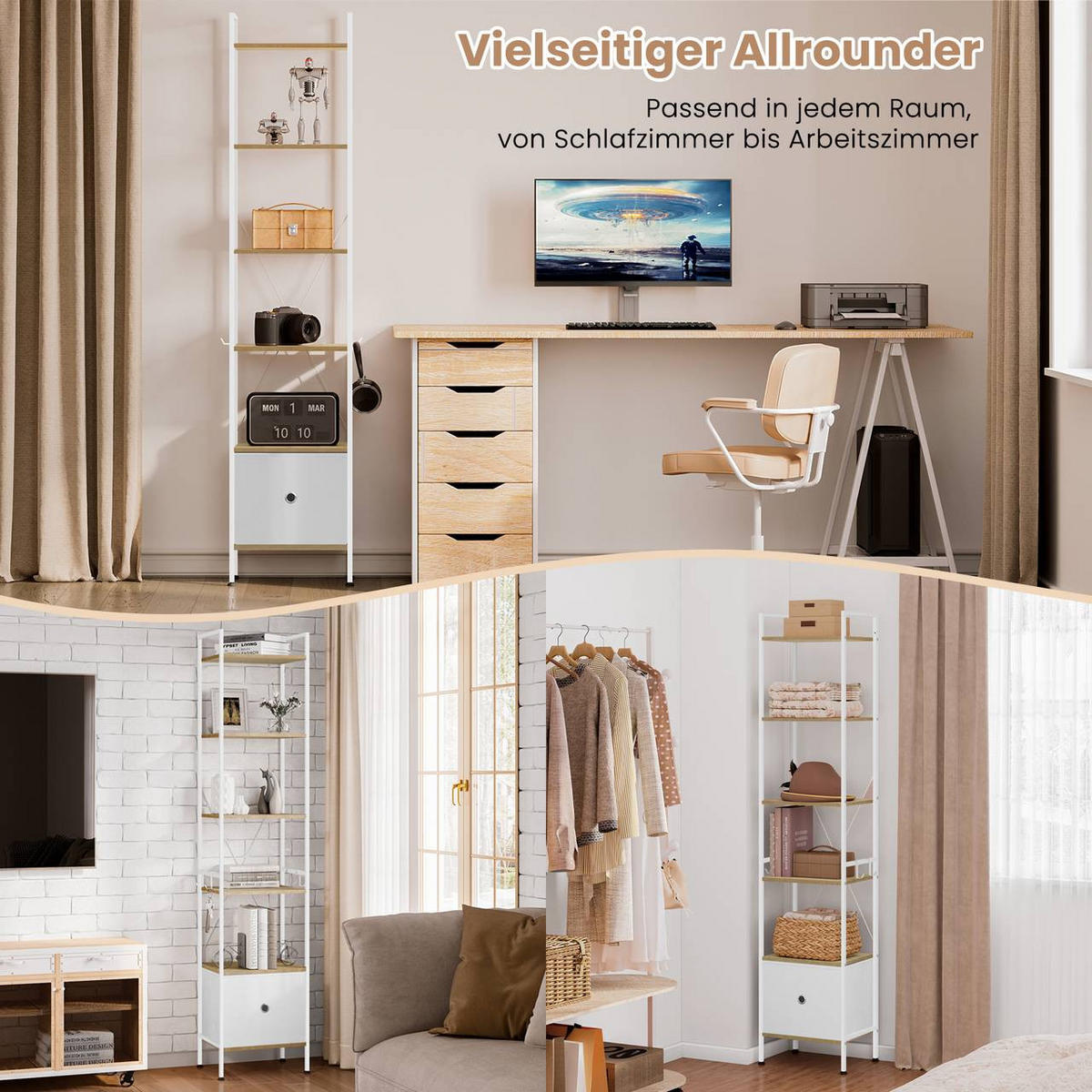 REGAL mit 5 Ablagen, 1 Schubladen, Helle Eiche+Weiß - Eichefarben/Weiß, Holzwerkstoff/Textil (40/187/30cm) - Woltu