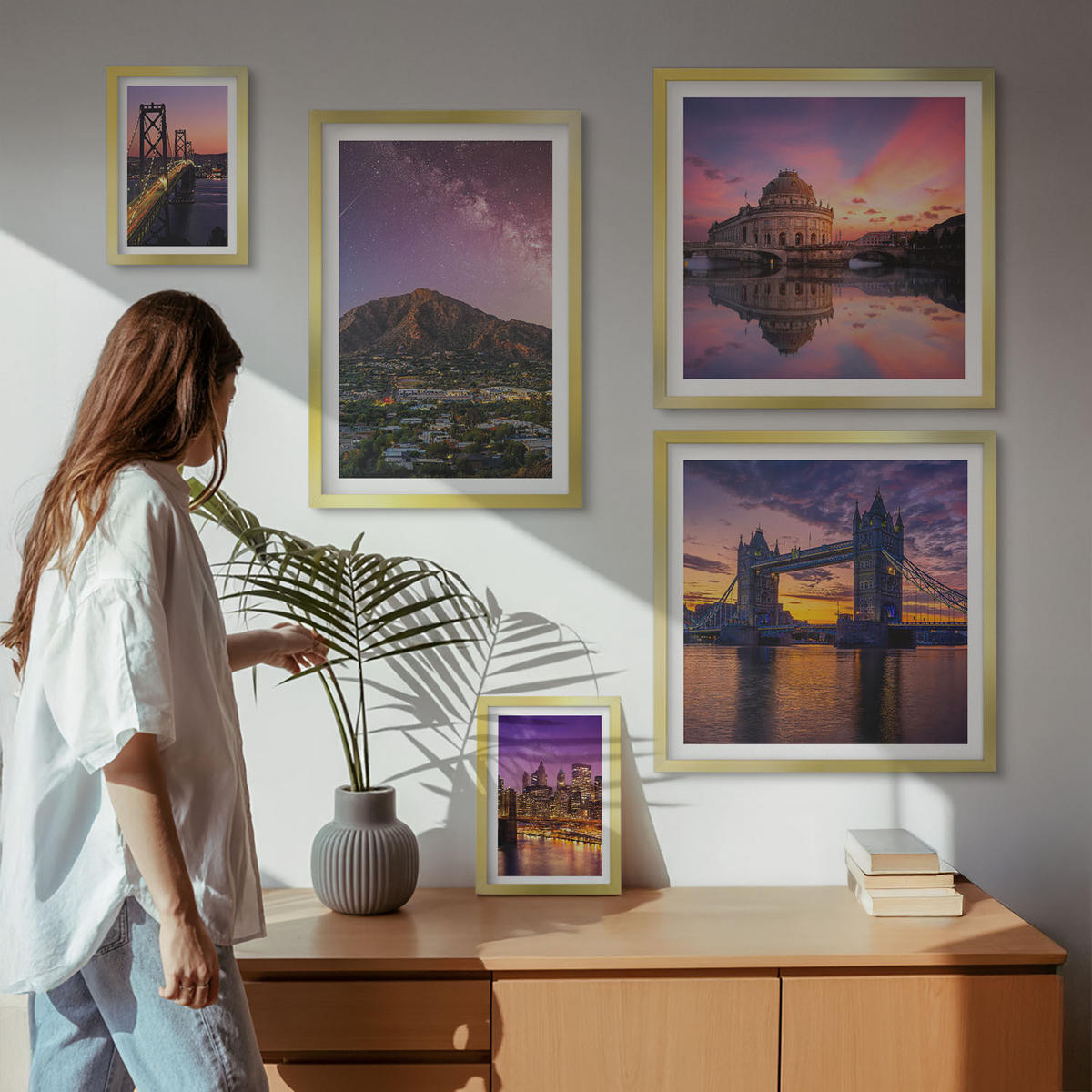 WANDBILDER 5er Set - 50x50 cm & 20x30 cm & 40x60 cm Goldrahmen - Brücken, Sonne, Stadtblick - Goldfarben, Kunststoff (40/60cm) - ArtPrintCave
