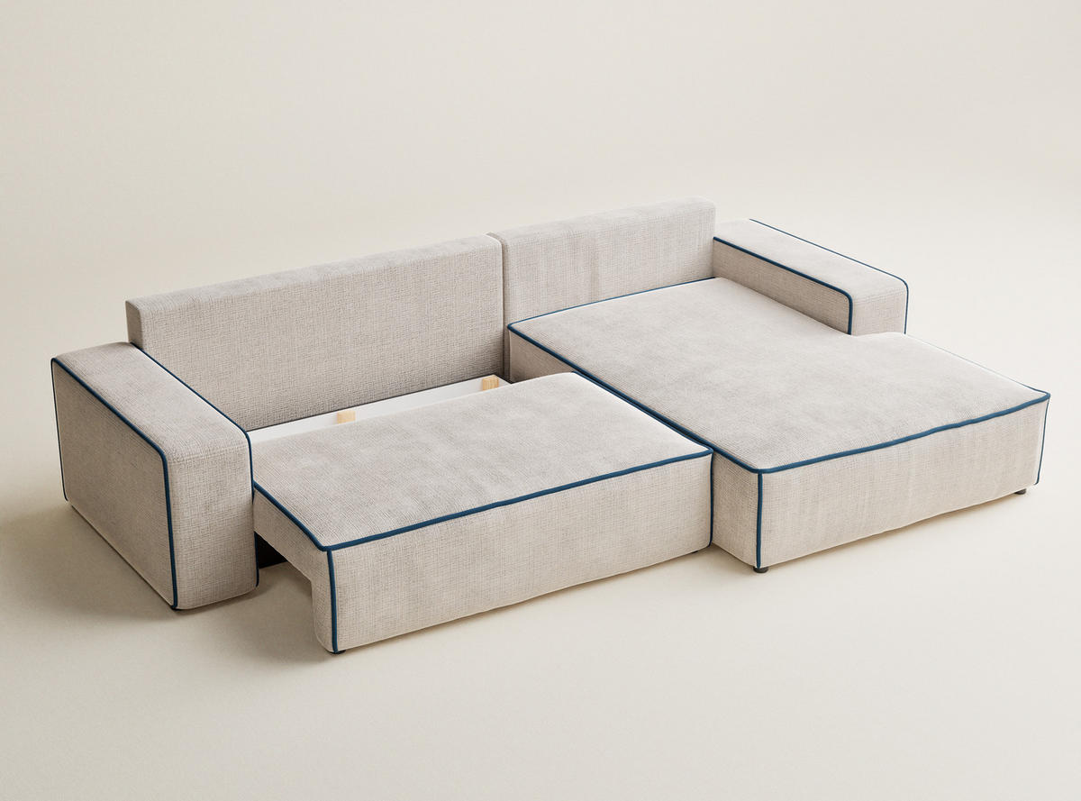 ECKSOFA MIT SCHLAFFUNKTION Modo Beige grau Chenille-Stoff - Rechts Seite - Creme/Schwarz, Holz/Holzwerkstoff (294/185cm) - Maison de Reve