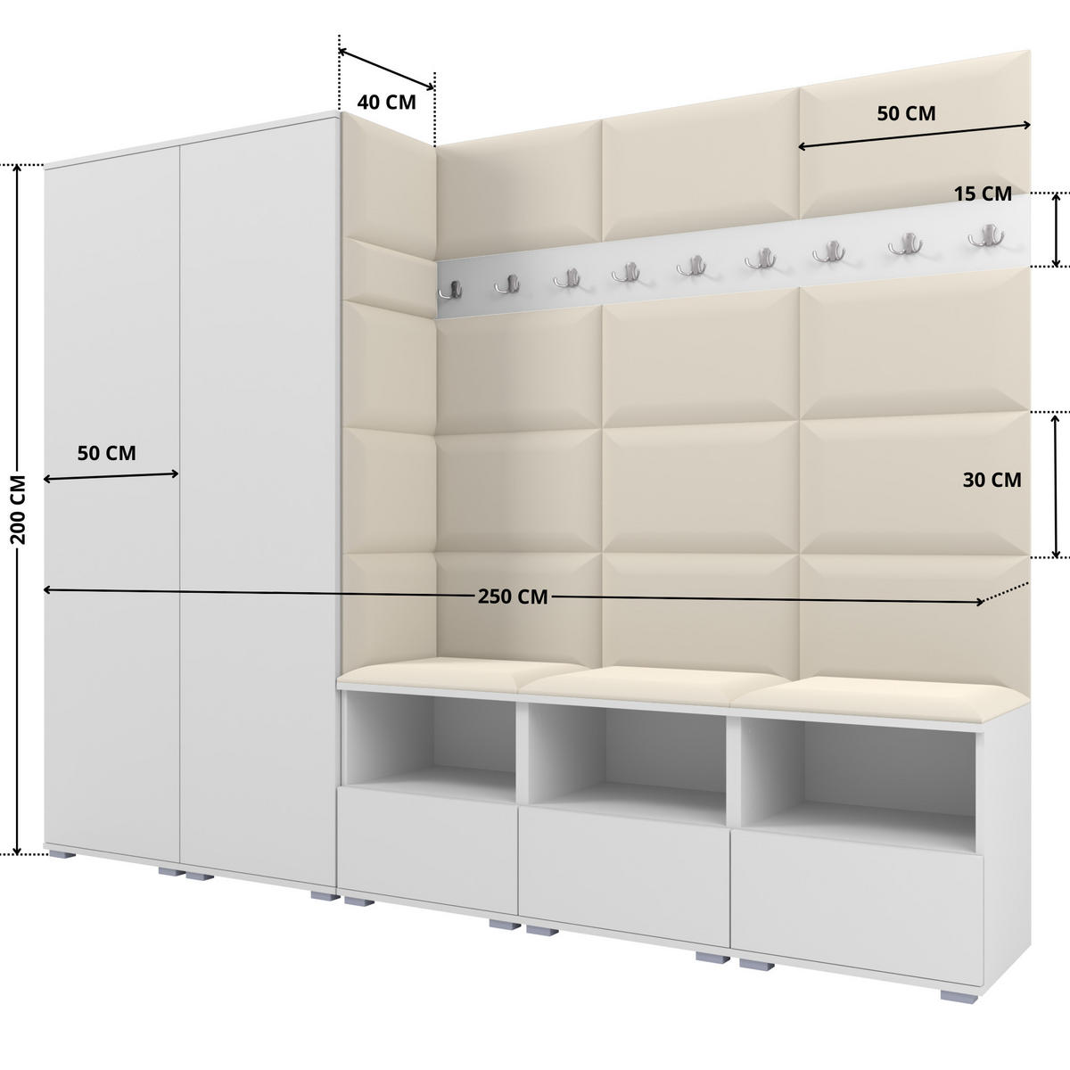 GARDEROBE NELA VII 250 cm (Modulare Flurmöbel XL Weiß mit Sitzpolster Creme 01 2 Schränke) - Silberfarben/Creme, Holz/Holzwerkstoff (250/187/40cm) - Ravio