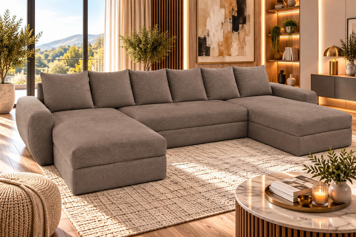WOHNLANDSCHAFT PUMA U-Form 308 cm mit Schlaffunktion, Bettkasten, Kunstleder-Stoff oder Samt, verschiedene Farben - Taupe/Schwarz, Kunststoff (308/85/140cm) - Wohnideebilder