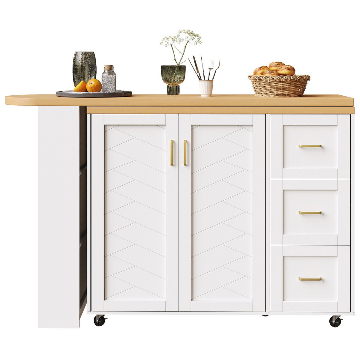 KÜCHENINSEL aus MDF 135-228x39x104 cm Weiß mit 2 Türen, 3 Schubladen, Rollen und ausziehbarer Arbeitsplatte - Weiß, Holzwerkstoff (39/104/135cm) - Modfu