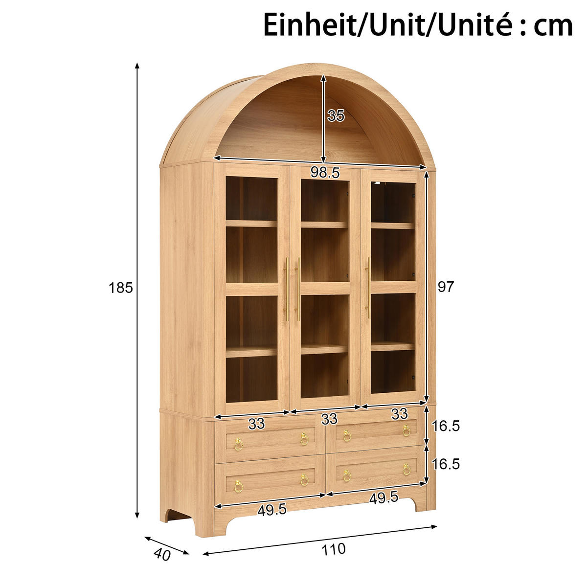 SIDEBOARD WOHNZIMMERSCHRANK Rundbogen 3 Glastüren 4 Schubladen - Naturfarben, Holzwerkstoff (110/185/40cm) - Urban Meuble