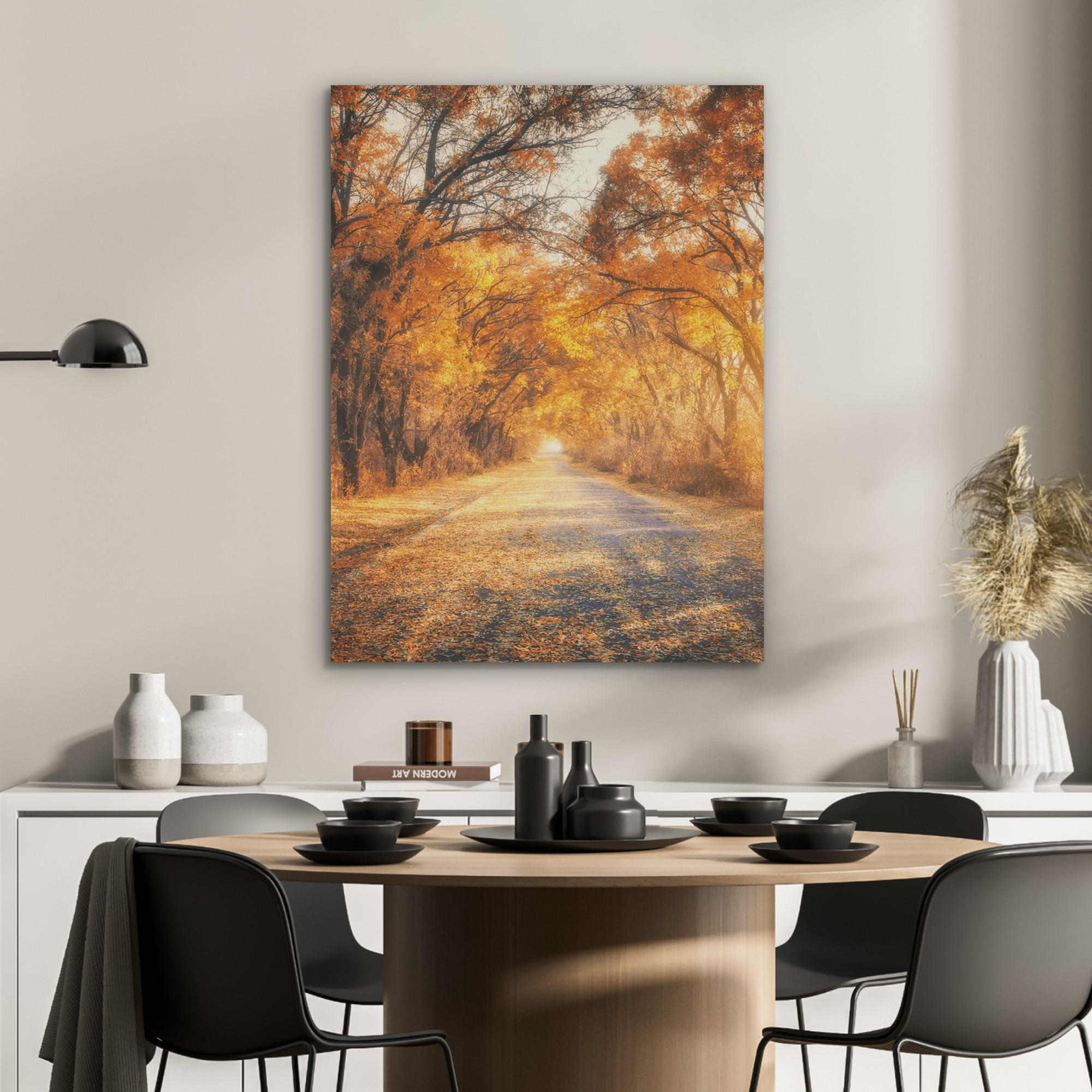 AKUSTIKPANEEL Wald - Herbst - Bäume - Waldweg - Natur 60x80 cm - Bernsteinfarben, Textil (60/0.9/80cm) - MuchoWow