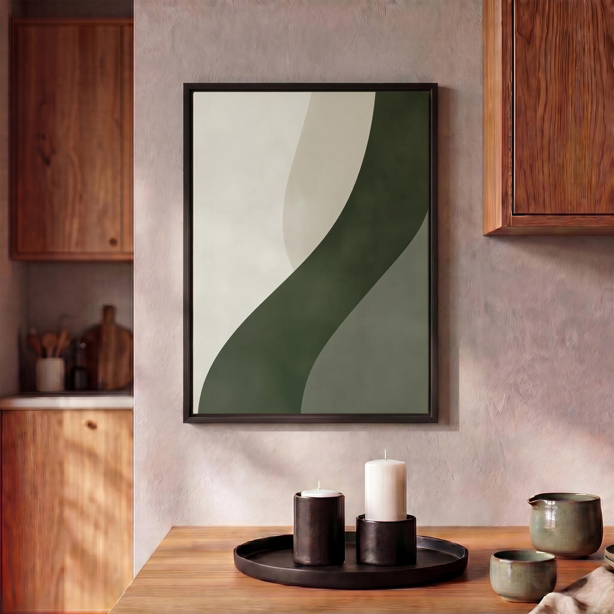 LEINWAND Bilder mit Rahmen - Japandi - Grün - Abstrakt - Modern - 30x40 - Salbeigrün, Textil (30/40cm) - MuchoWow
