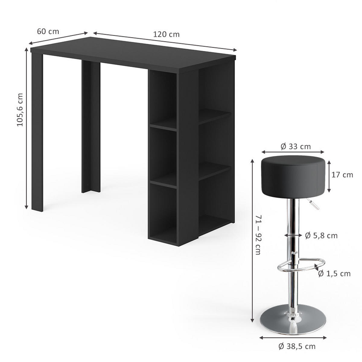 BARTISCH-SET Noel Schwarz 120 x 60 cm mit 2 Barhockern - Schwarz, Holzwerkstoff (120/105.6/60cm) - Vicco