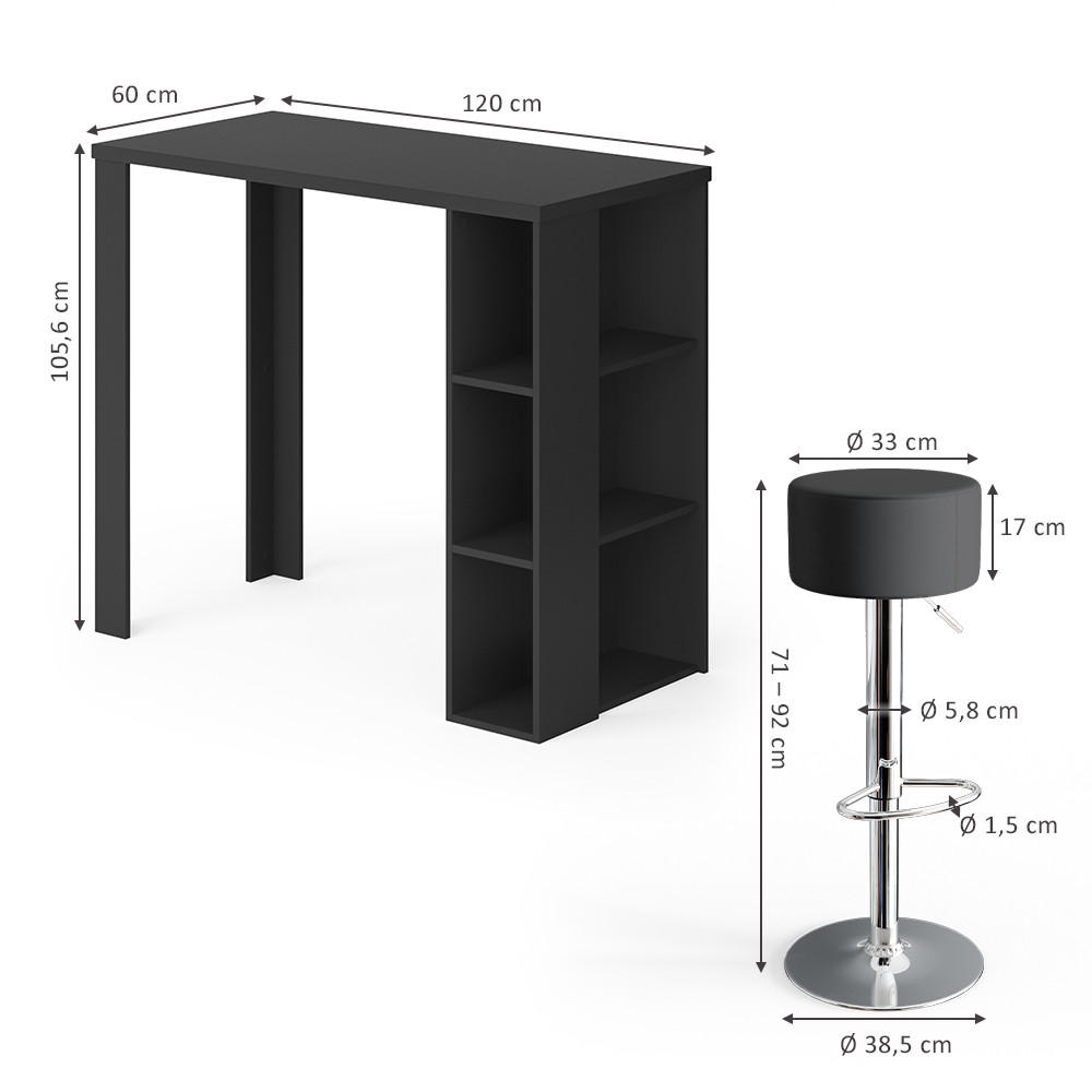 Thumbnail - Vicco Bartisch-Set, Schwarz, Holzwerkstoff, 3 Fächer, Rechteckig,Rechteckig, 120x105.6x60 cm, Esszimmer, Barmöbel, Barti...