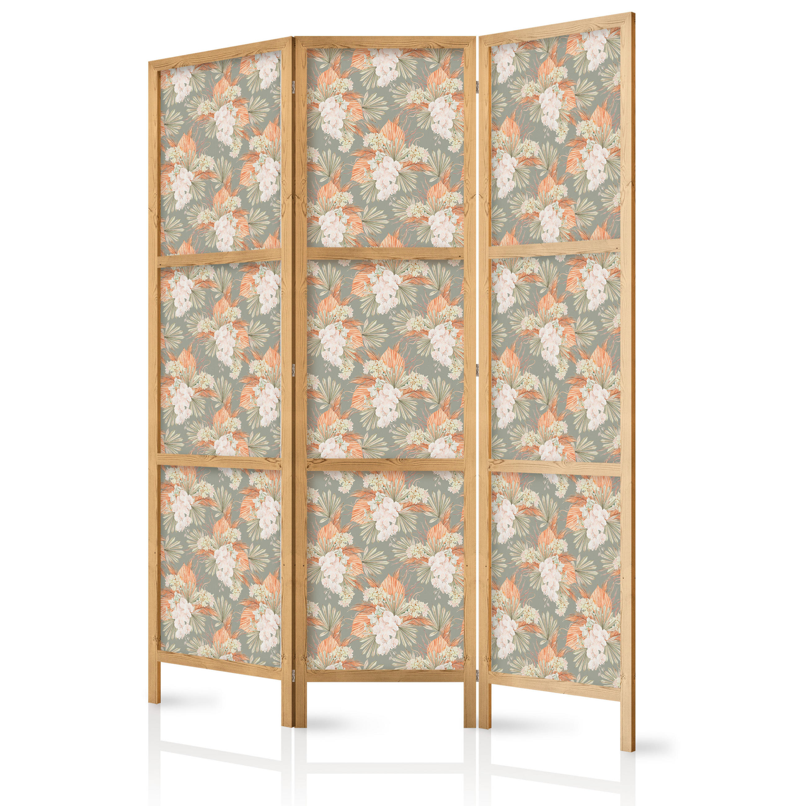 PARAVENT Japanischer 3-tlg 135x172 cm Tropische Blumen - Multicolor, Holz/Textil (135/172/3cm) - Muralo
