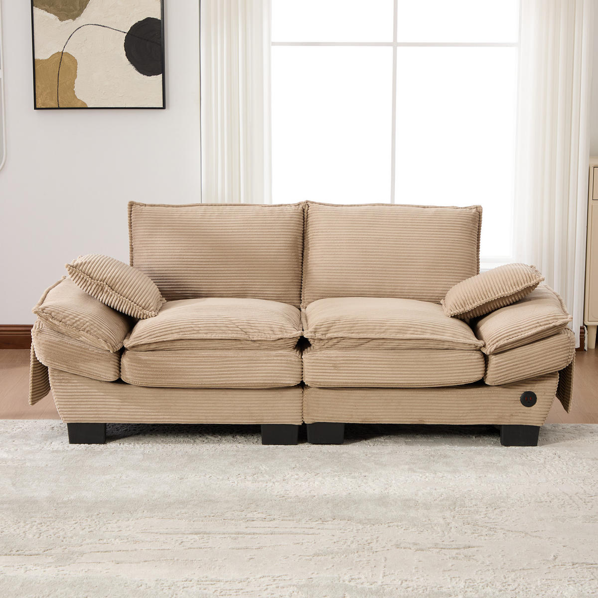 2-SITZER SOFA Cord Khaki mit USB-C und Seitentaschen - Hellbraun, Holzwerkstoff/Kunststoff (190/84/73cm) - WISHDOR