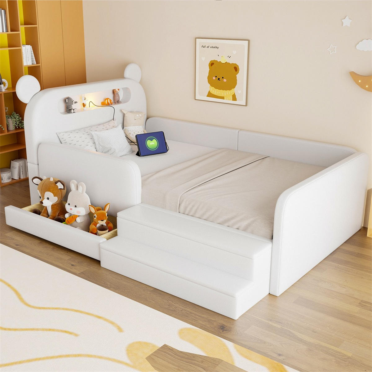POLSTERBETT 90x200 cm mit Bären-Kopfteil - Nachtlicht & USB - mit Stauraum - Weiß - ohne Matratze - Weiß, Textil (90/200cm) - DELFA