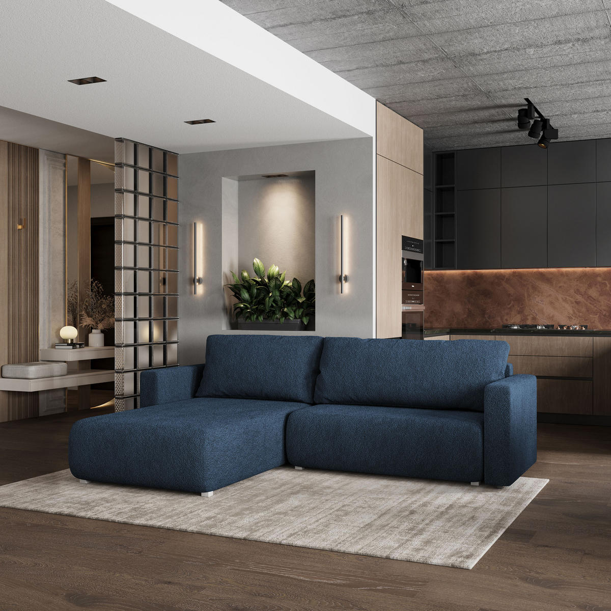 ROHOVÁ SEDAČKA TURIN modrá - šedá/modrá, dřevo/textil (265/183cm) - MASSENO