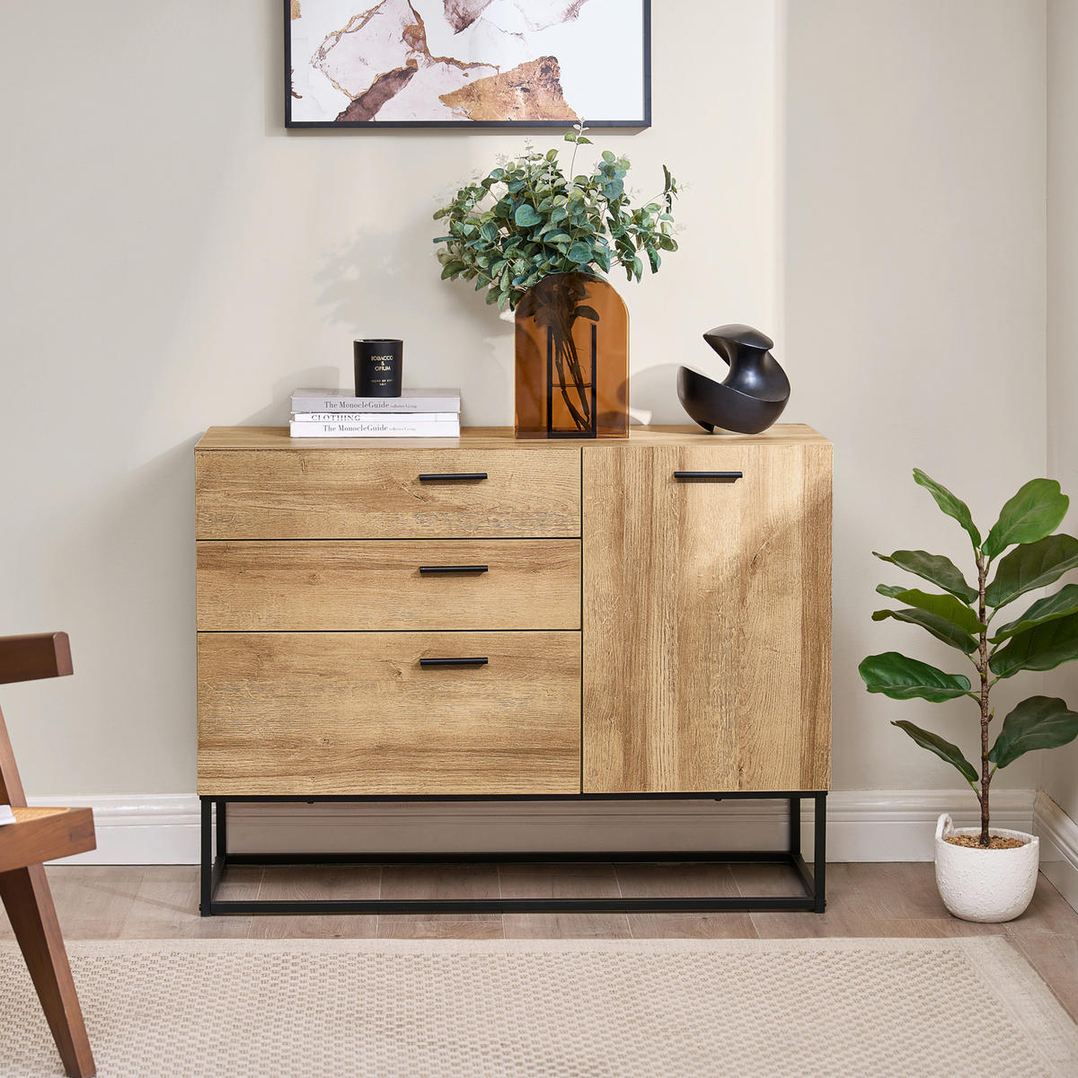 SIDEBOARD Lavangen - Eichefarben/Schwarz, Holzwerkstoff/Metall (100/75/35cm) - [en.casa]