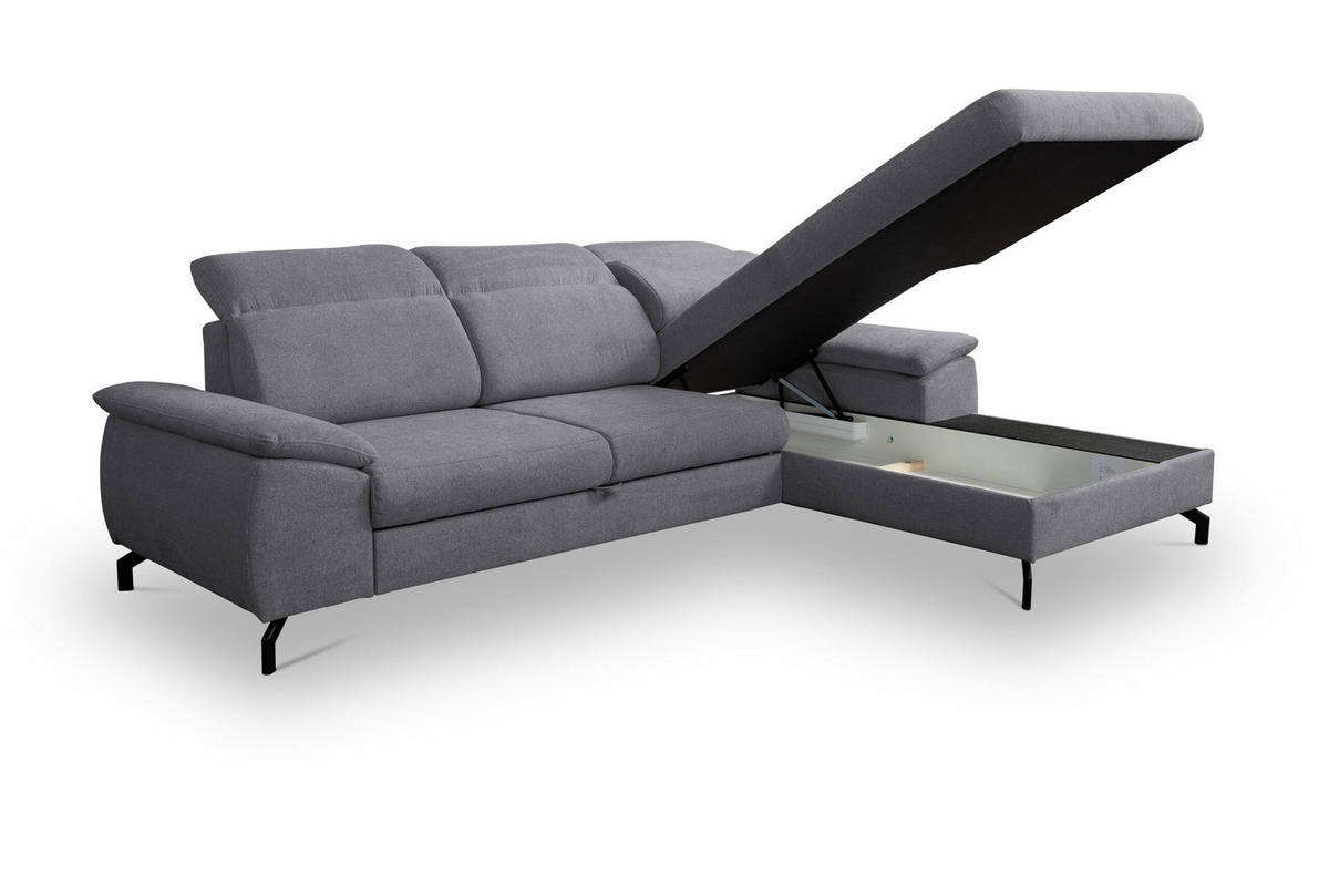ECKSOFA MALIBU mit Schlaffunktion und Bettkasten, Farbe: Dunkelgrau, Velourstoff, Ottomane Rechts - Dunkelgrau, Textil (276/184cm) - VENASI MÖBEL