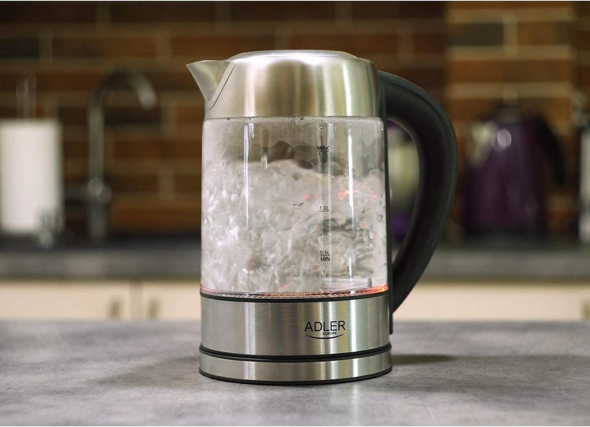 WASSERKOCHER AD1247 1,7L 2200W Glas Edelstahl – Temperaturwahl 60–100°C, LED Farbwechsel, Warmhaltefunktion, Antikalkfilter, BPA-frei, 360° Basis - Transparent/Silberfarben, Kunststoff/Metall (22/25/17cm) - Adler