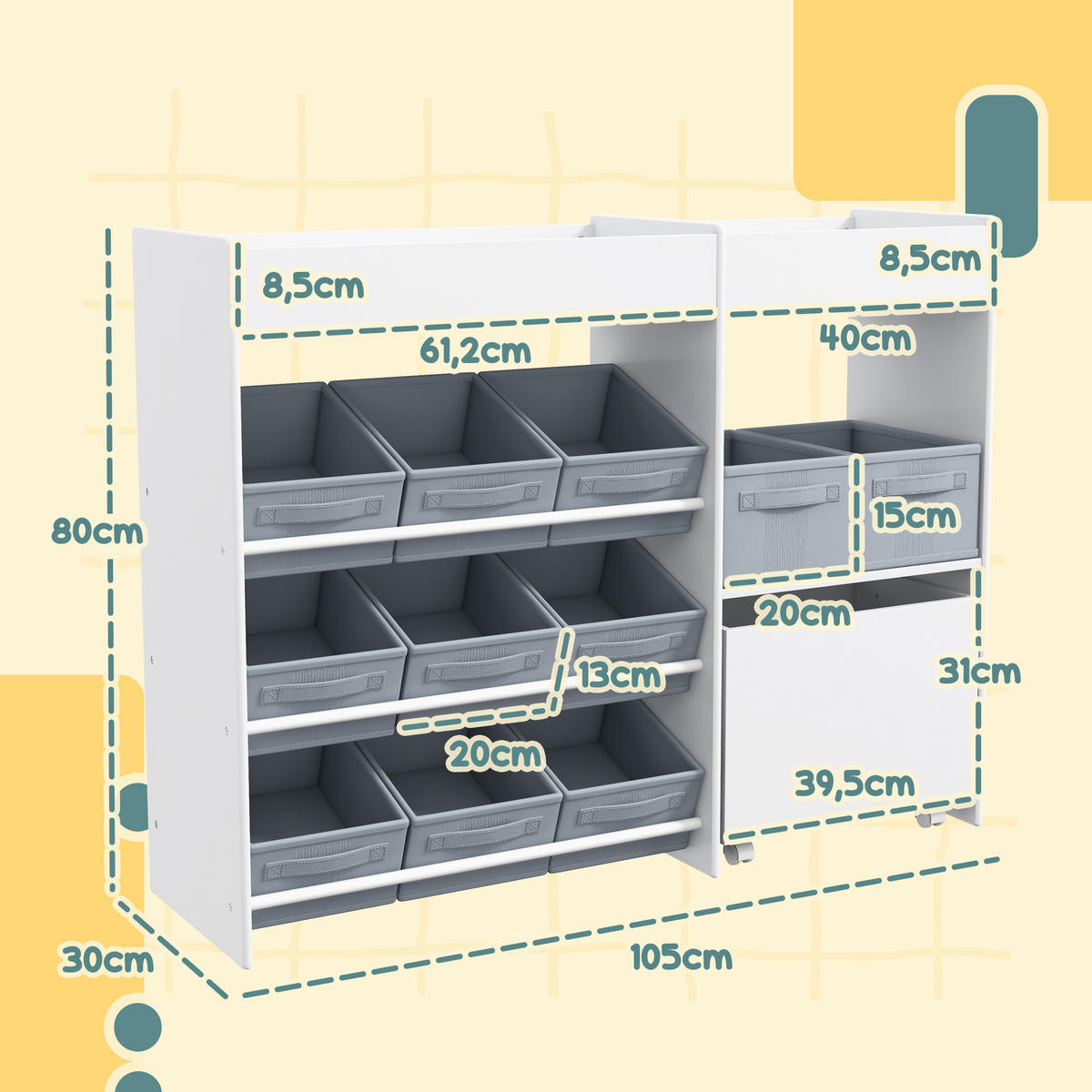 KINDERREGAL - Weiß, Holzwerkstoff/Textil (30/80/105cm) - AIYAPLAY